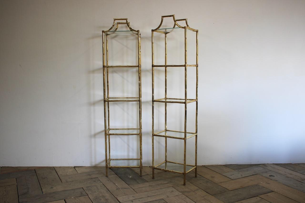 20th Century Pair of 1970s Spanish Faux Bamboo Brass Étagères For Sale