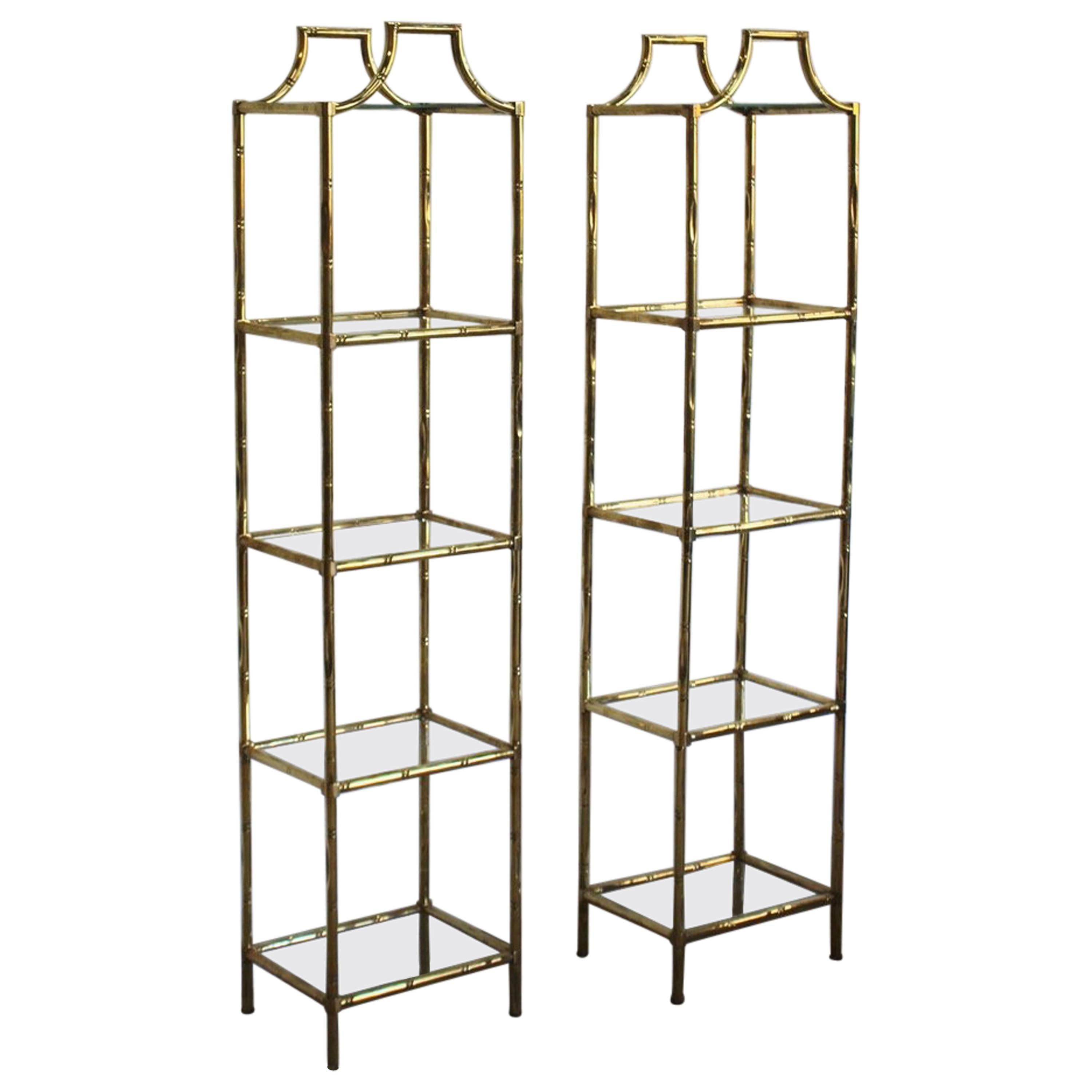 Pair of 1970s Spanish Faux Bamboo Brass Étagères For Sale