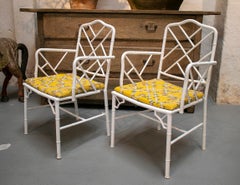 Pair of 1970s Spanish Faux Bamboo White Iron Garden Armchairs