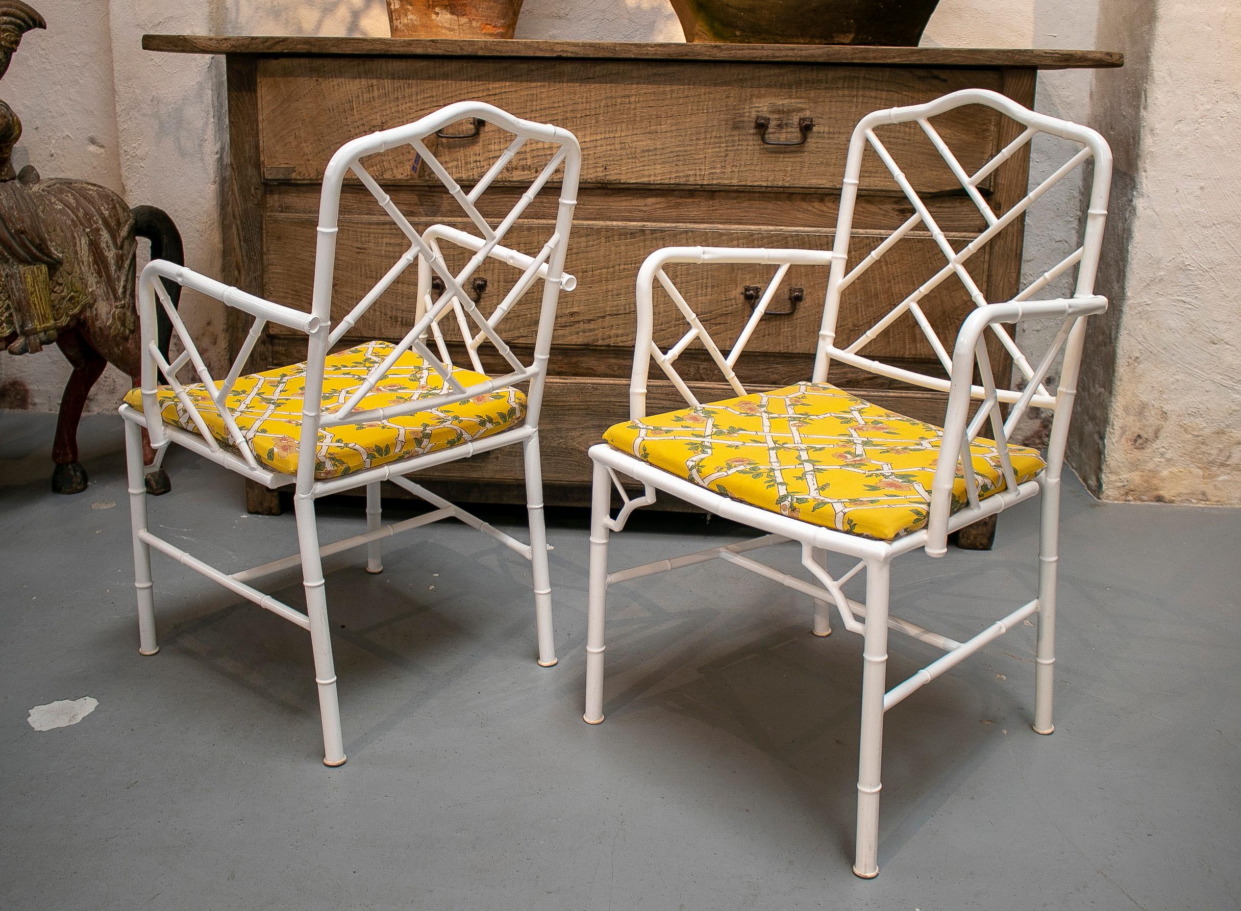 Pair of 1970s Spanish Faux Bamboo White Iron Garden Armchairs In Good Condition For Sale In Marbella, ES