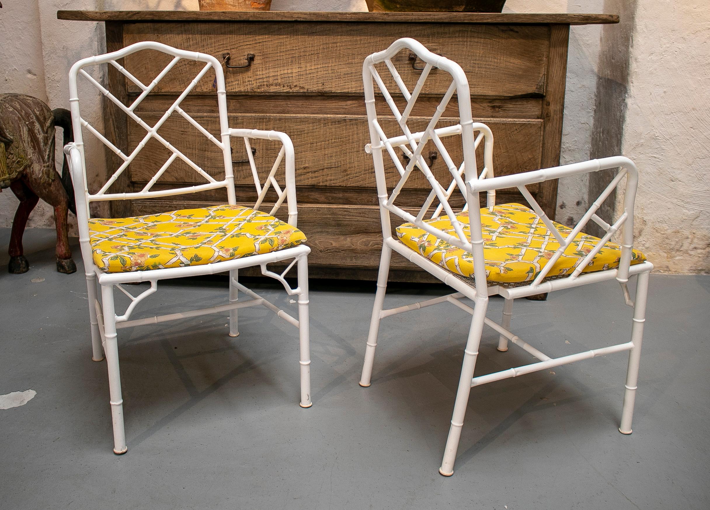 20th Century Pair of 1970s Spanish Faux Bamboo White Iron Garden Armchairs For Sale
