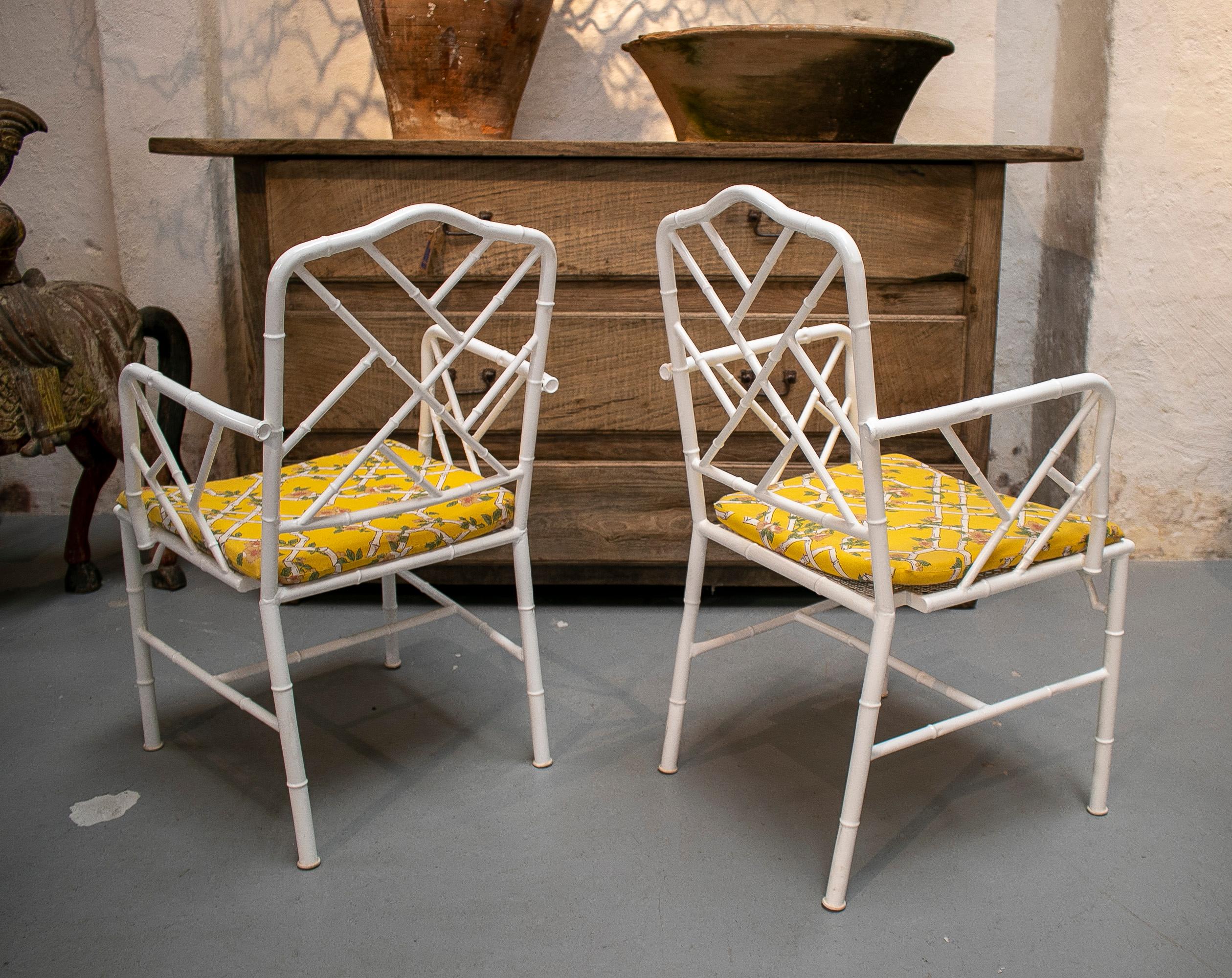 Ceramic Pair of 1970s Spanish Faux Bamboo White Iron Garden Armchairs For Sale