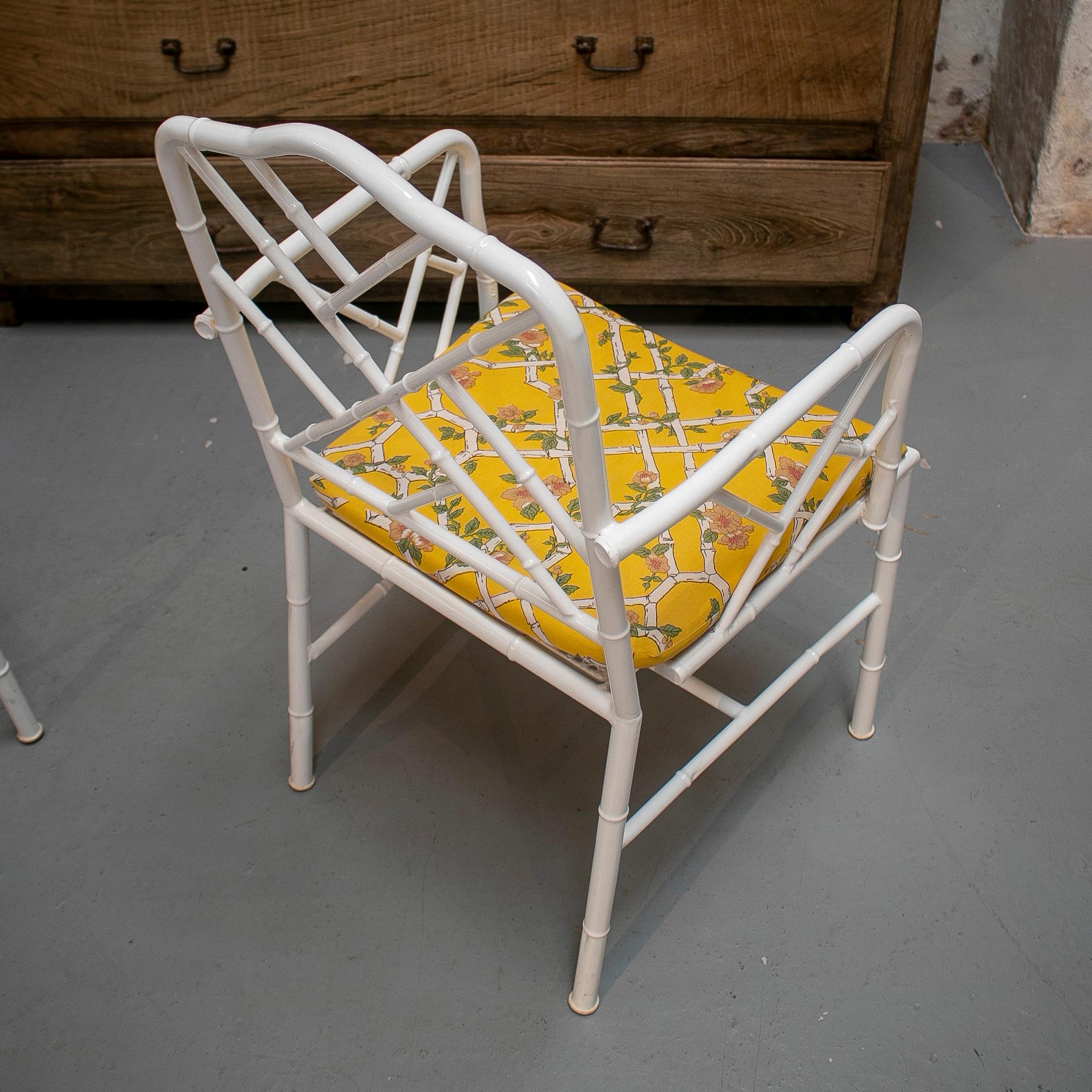 Pair of 1970s Spanish Faux Bamboo White Iron Garden Armchairs For Sale 2