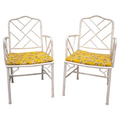 Vintage Pair of 1970s Spanish Faux Bamboo White Iron Garden Armchairs