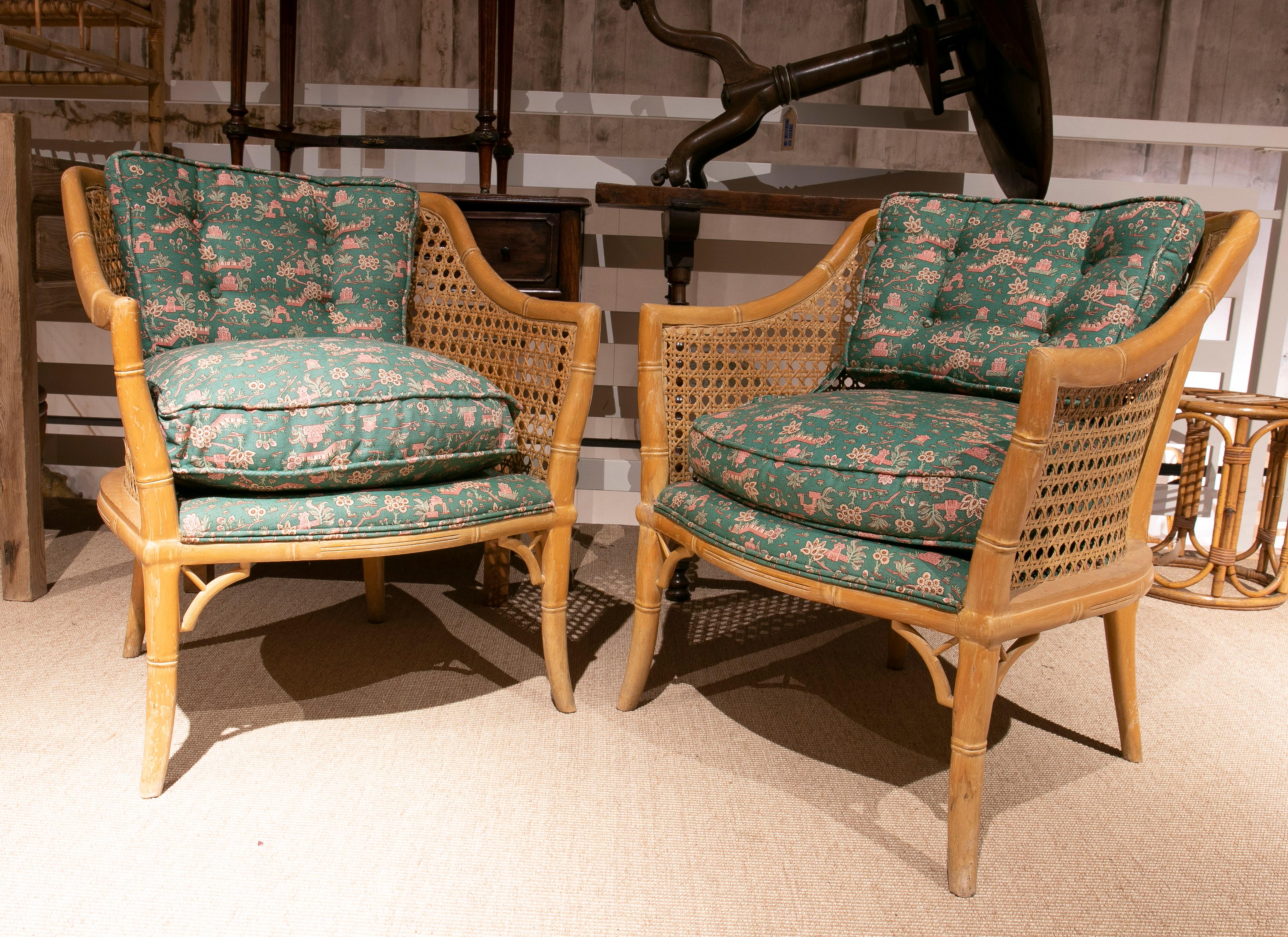 Pair of 1970s Spanish Faux Bamboo Wooden Upholstered Armchairs w/ Cushions In Good Condition In Marbella, ES