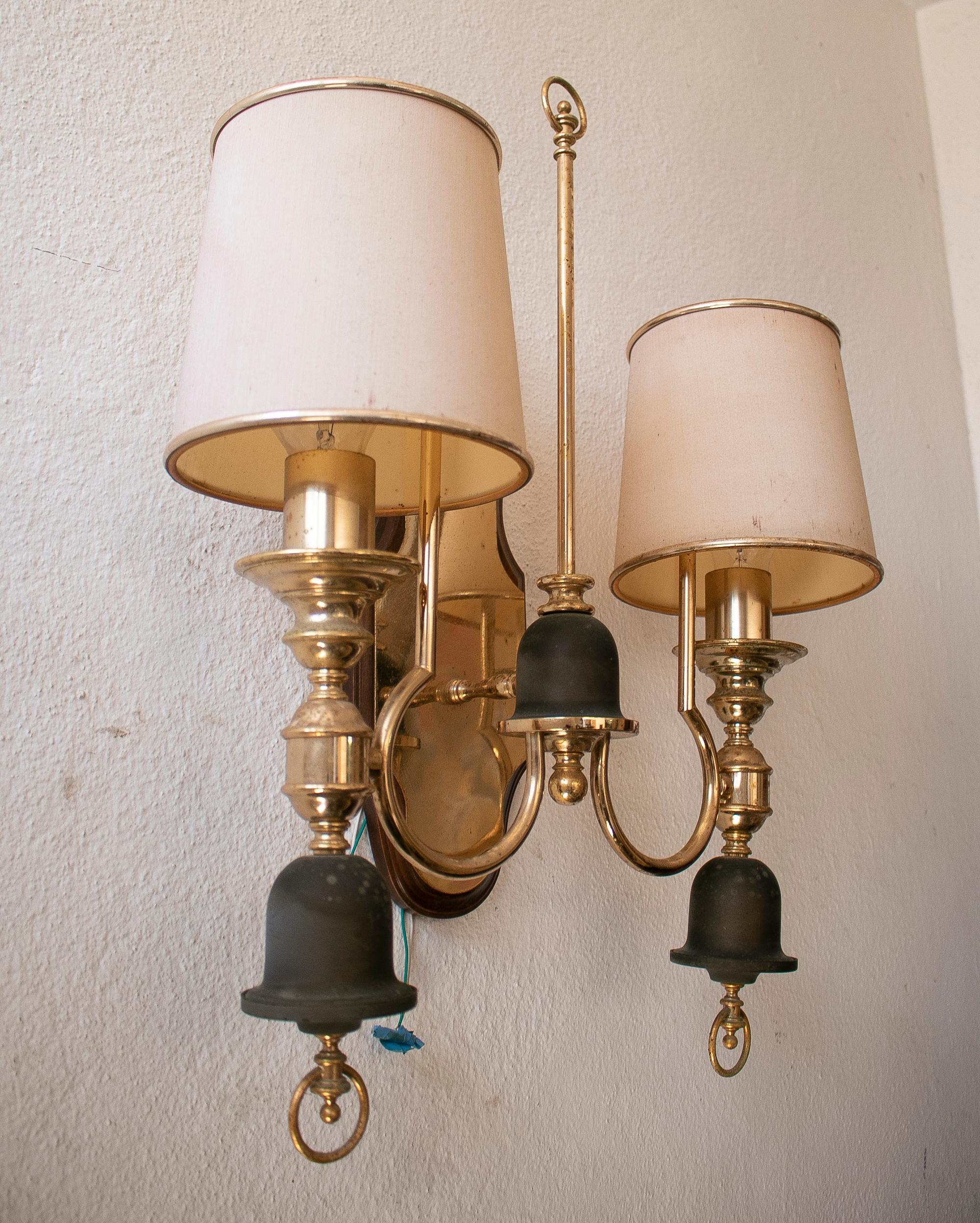 Pair of 1970s Spanish Gilt Bronze 2-Arm Wall Sconces w/ Shades In Good Condition For Sale In Marbella, ES