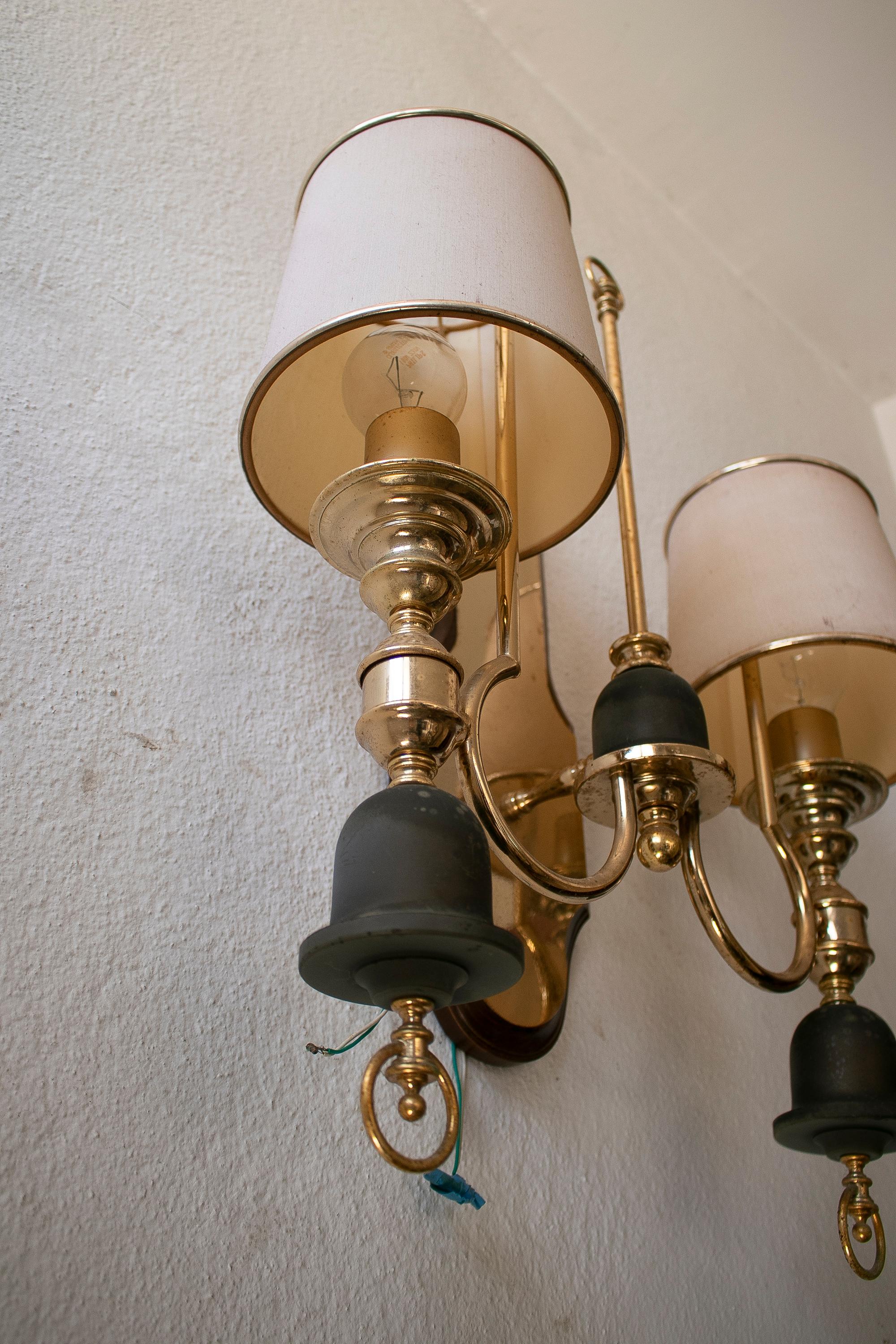 Pair of 1970s Spanish Gilt Bronze 2-Arm Wall Sconces w/ Shades For Sale 1
