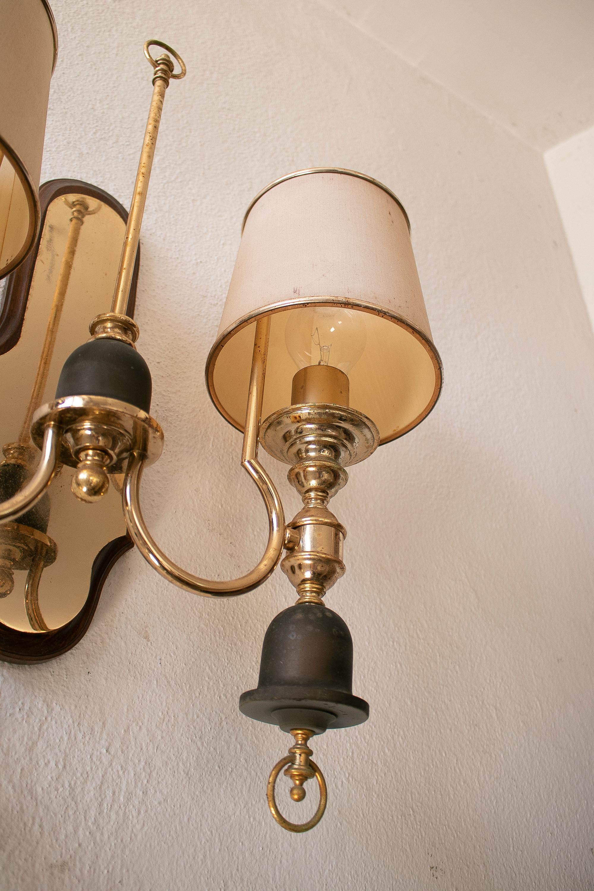 Pair of 1970s Spanish Gilt Bronze 2-Arm Wall Sconces w/ Shades For Sale 2