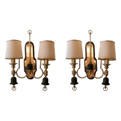 Pair of 1970s Spanish Gilt Bronze 2-Arm Wall Sconces w/ Shades