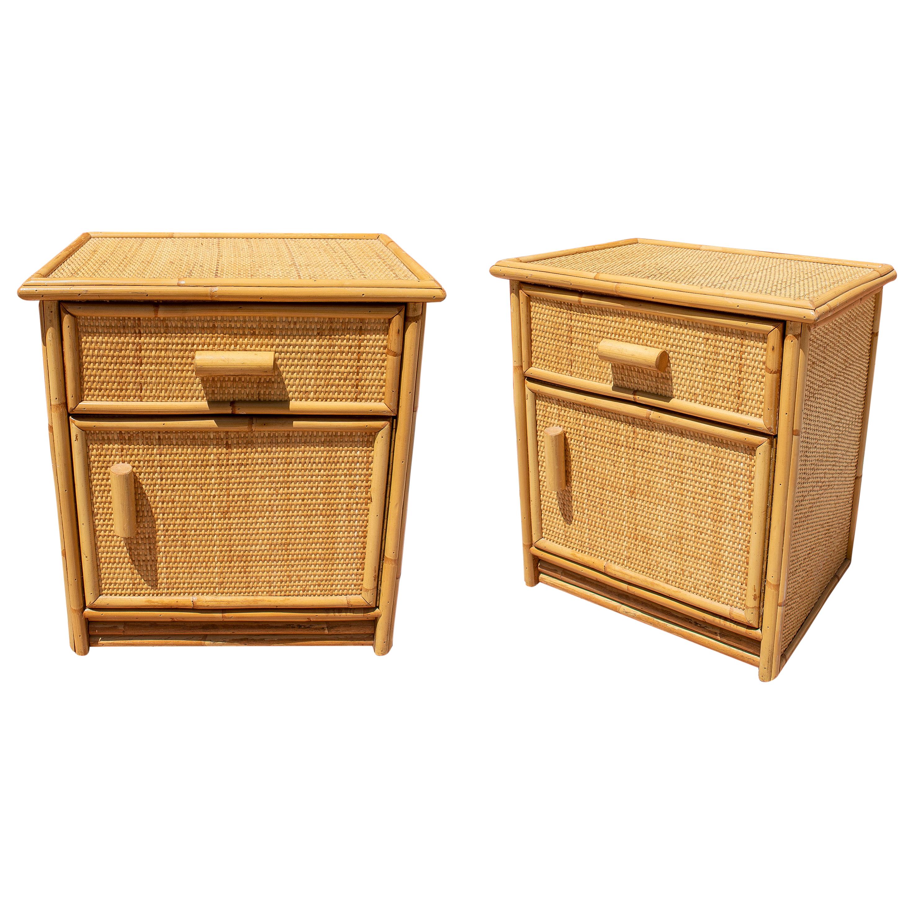 Pair of 1970s Spanish Lace Wicker and Bamboo 1-Drawer & 1-Door Bedside Tables