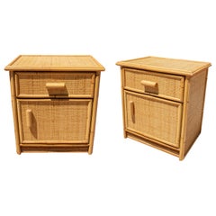 Used Pair of 1970s Spanish Lace Wicker and Bamboo 1-Drawer & 1-Door Bedside Tables