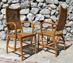 Pair of 1970s Spanish Lace Wicker and Bamboo Armchais