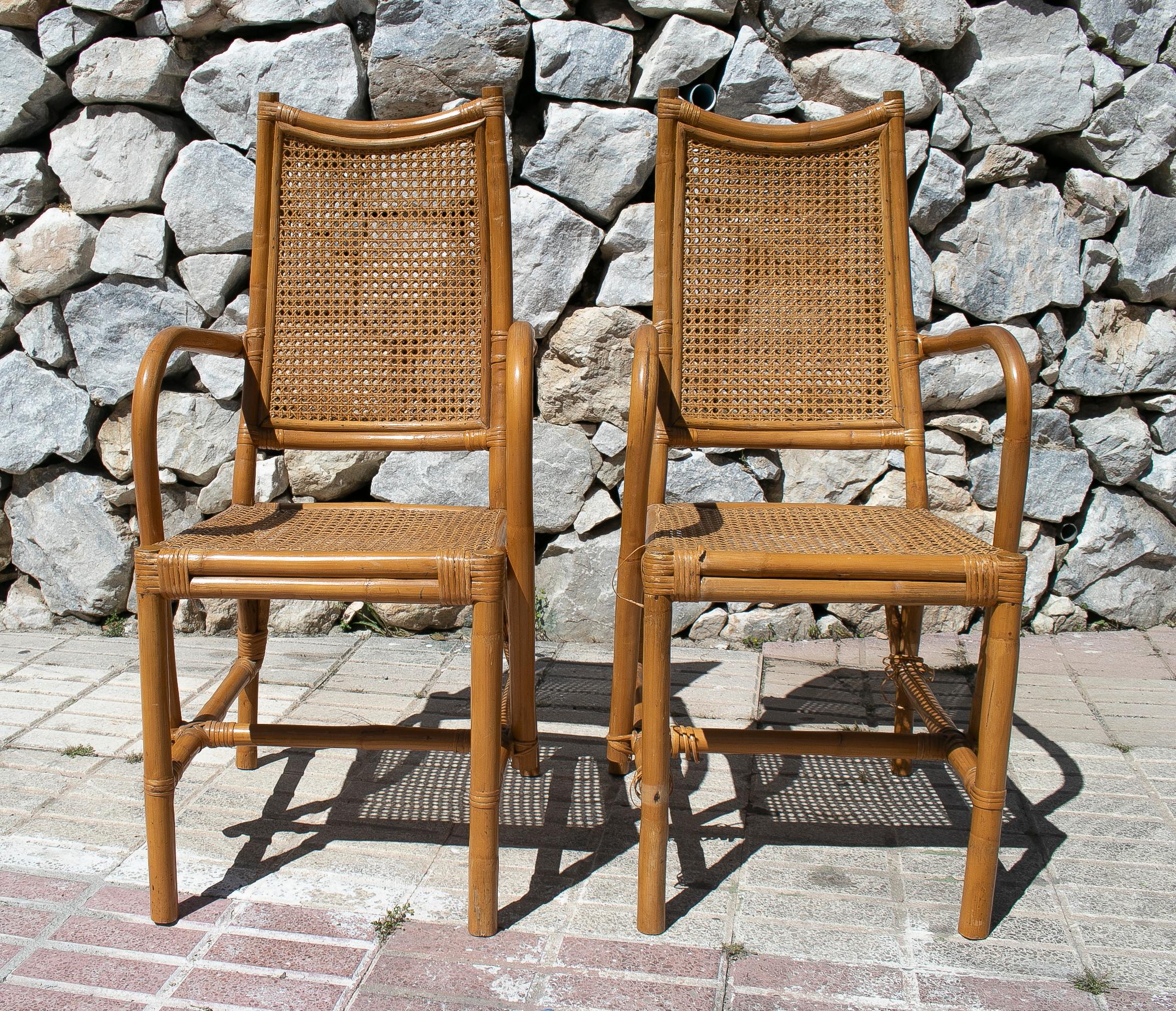 20th Century Pair of 1970s Spanish Lace Wicker and Bamboo Armchais For Sale