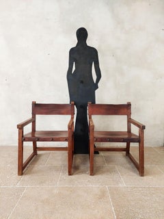 Pair of 1970s Spanish Leather and Wood BIOSCA Style Arm Chairs