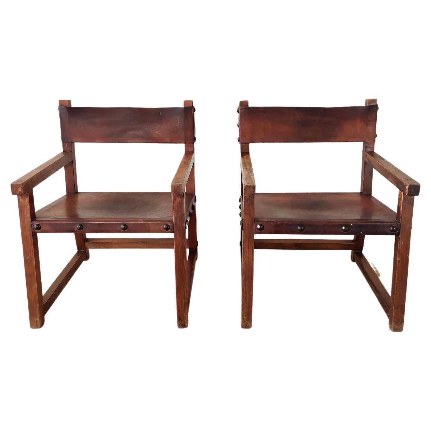 Pair of 1970s Spanish Leather and Wood BIOSCA Style Arm Chairs