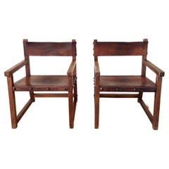 Pair of 1970s Spanish Leather and Wood BIOSCA Style Arm Chairs