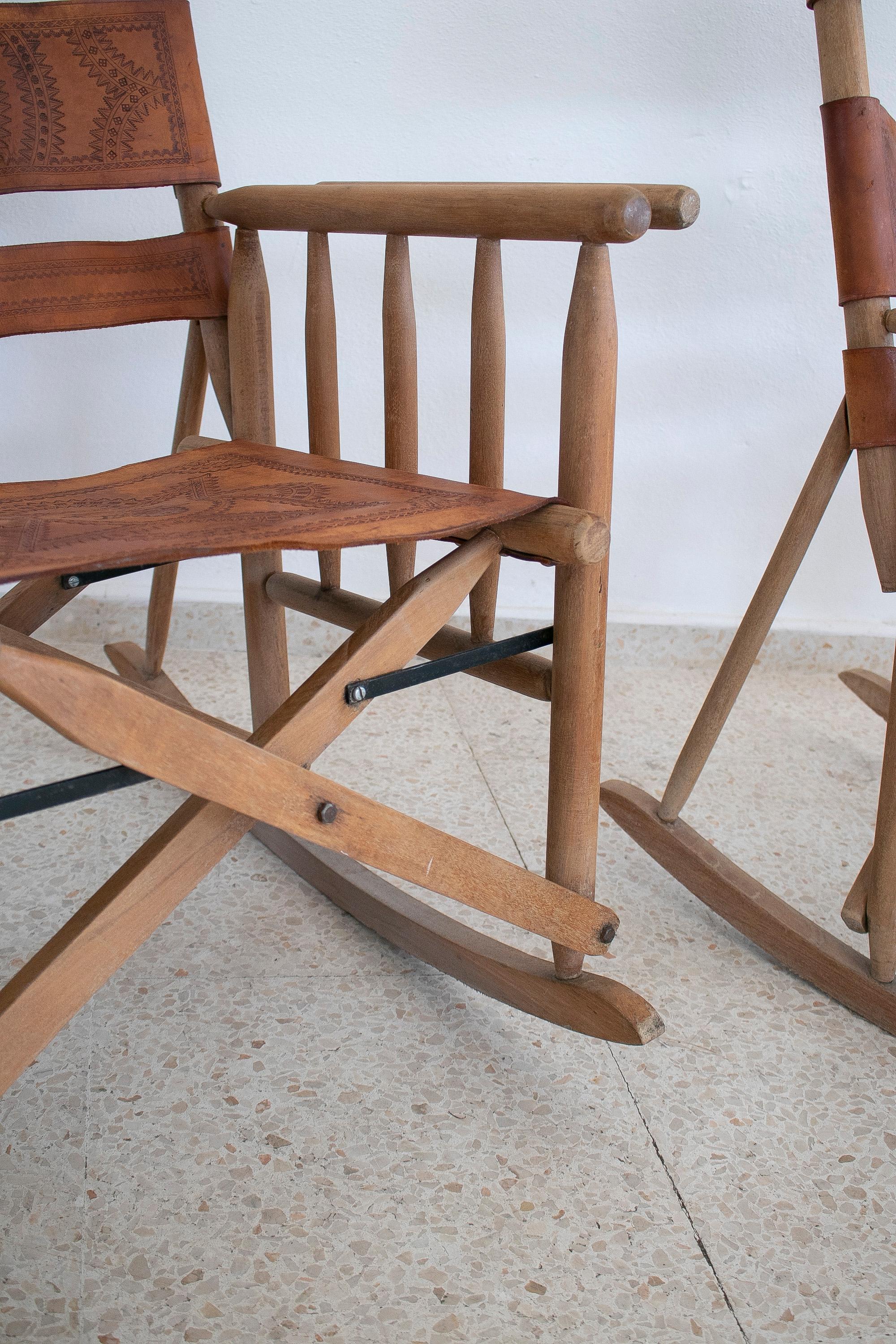 Pair of 1970s Spanish Leather Wooden Rocking Chairs 7