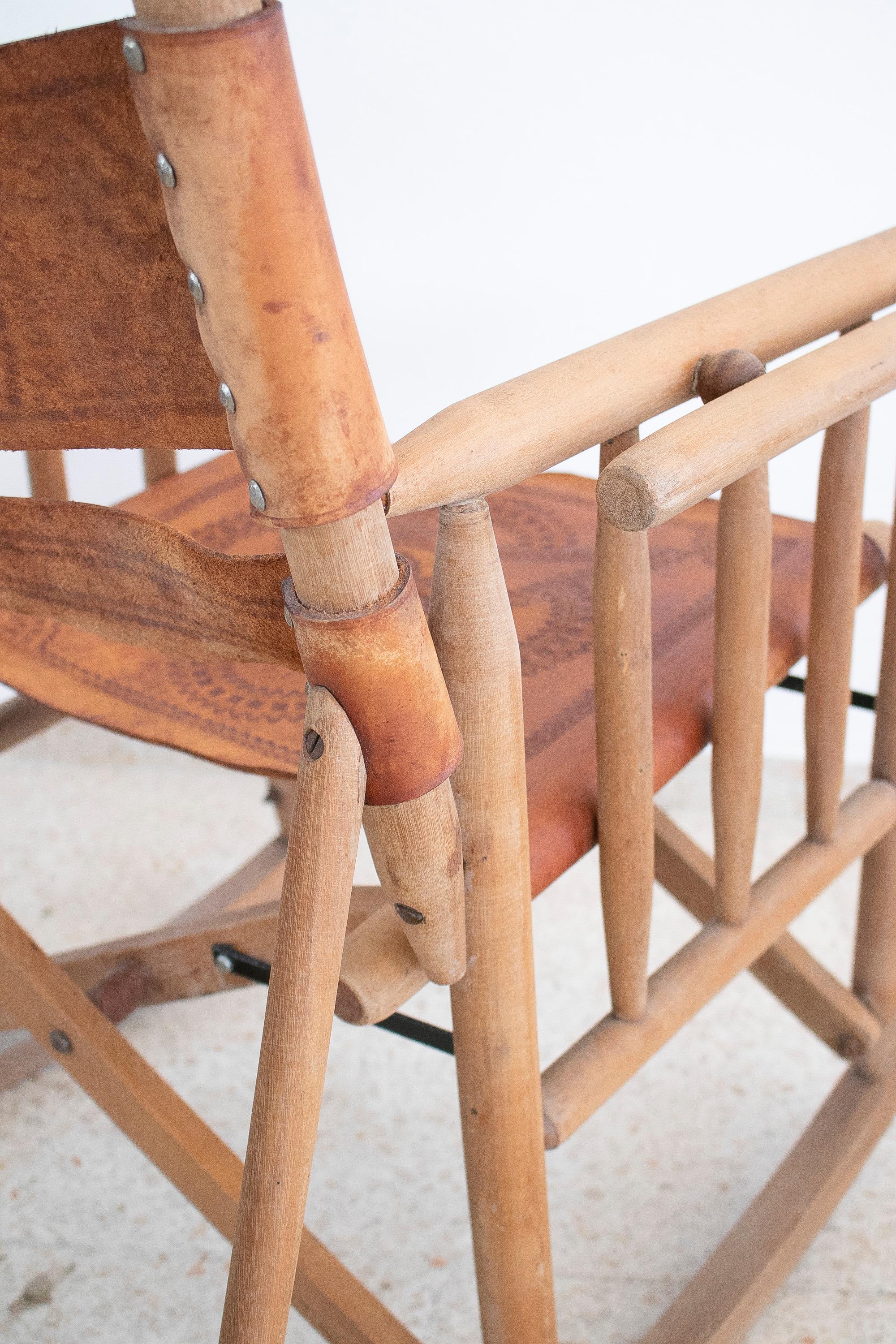 Pair of 1970s Spanish Leather Wooden Rocking Chairs 8