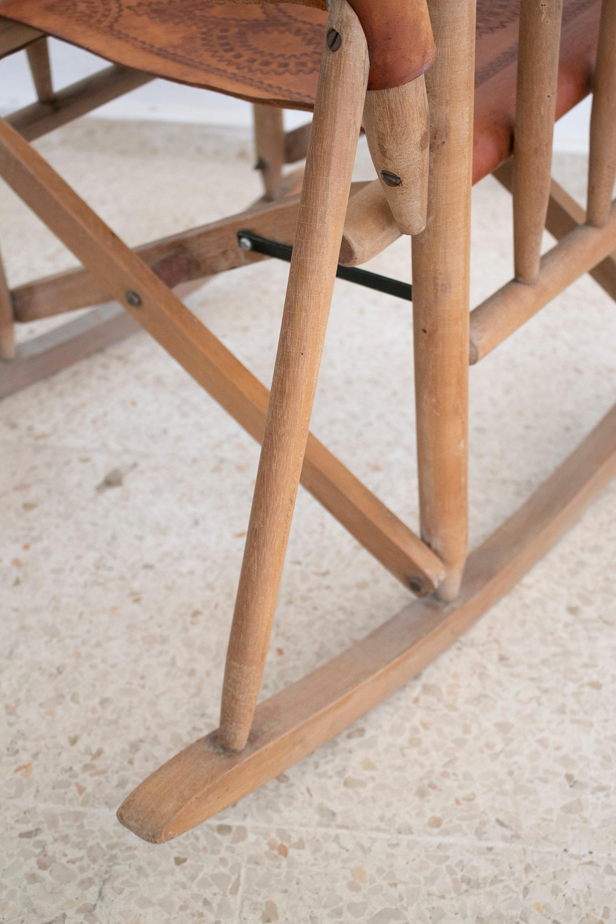 Pair of 1970s Spanish Leather Wooden Rocking Chairs 9