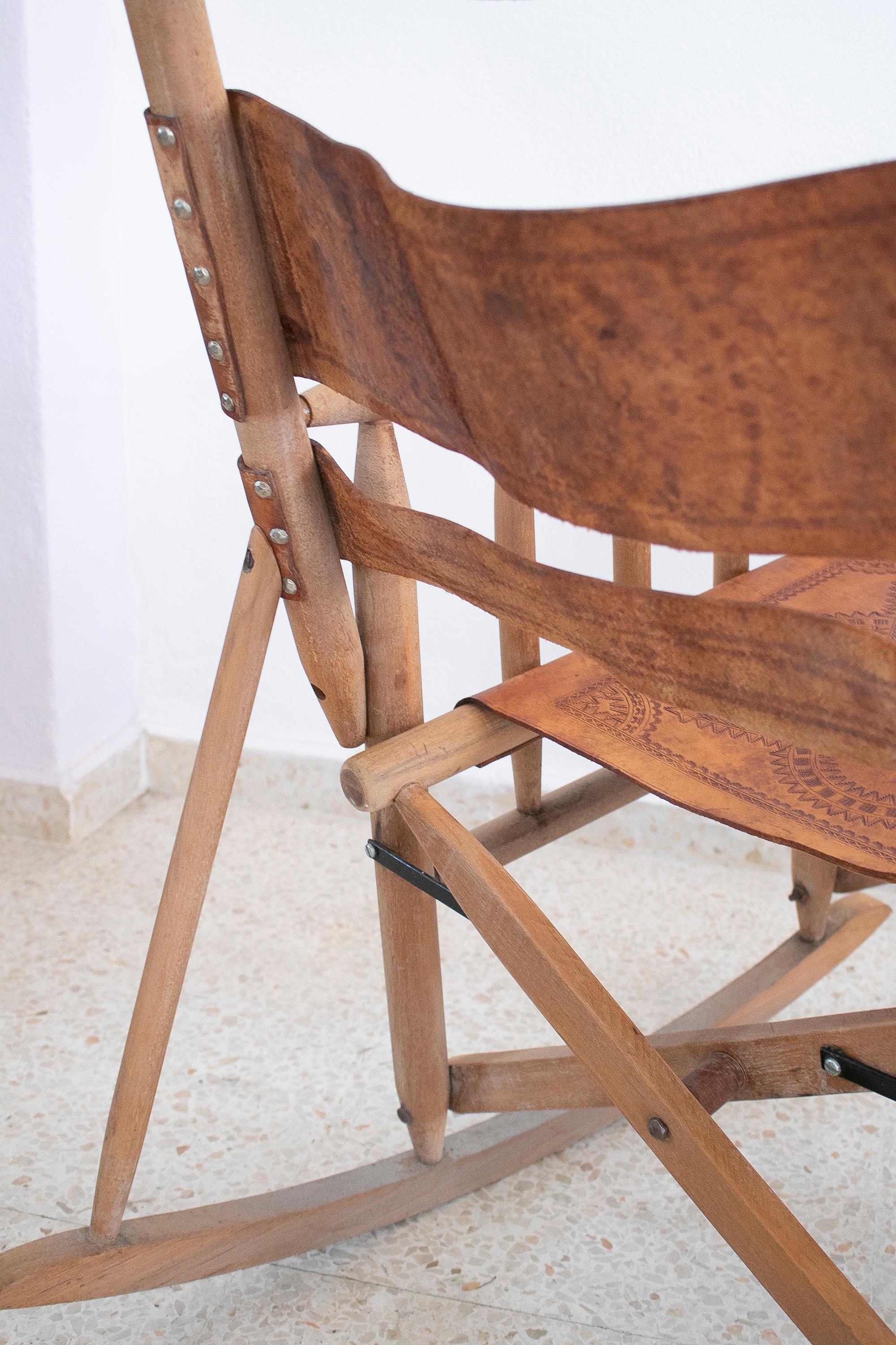 Pair of 1970s Spanish Leather Wooden Rocking Chairs 10