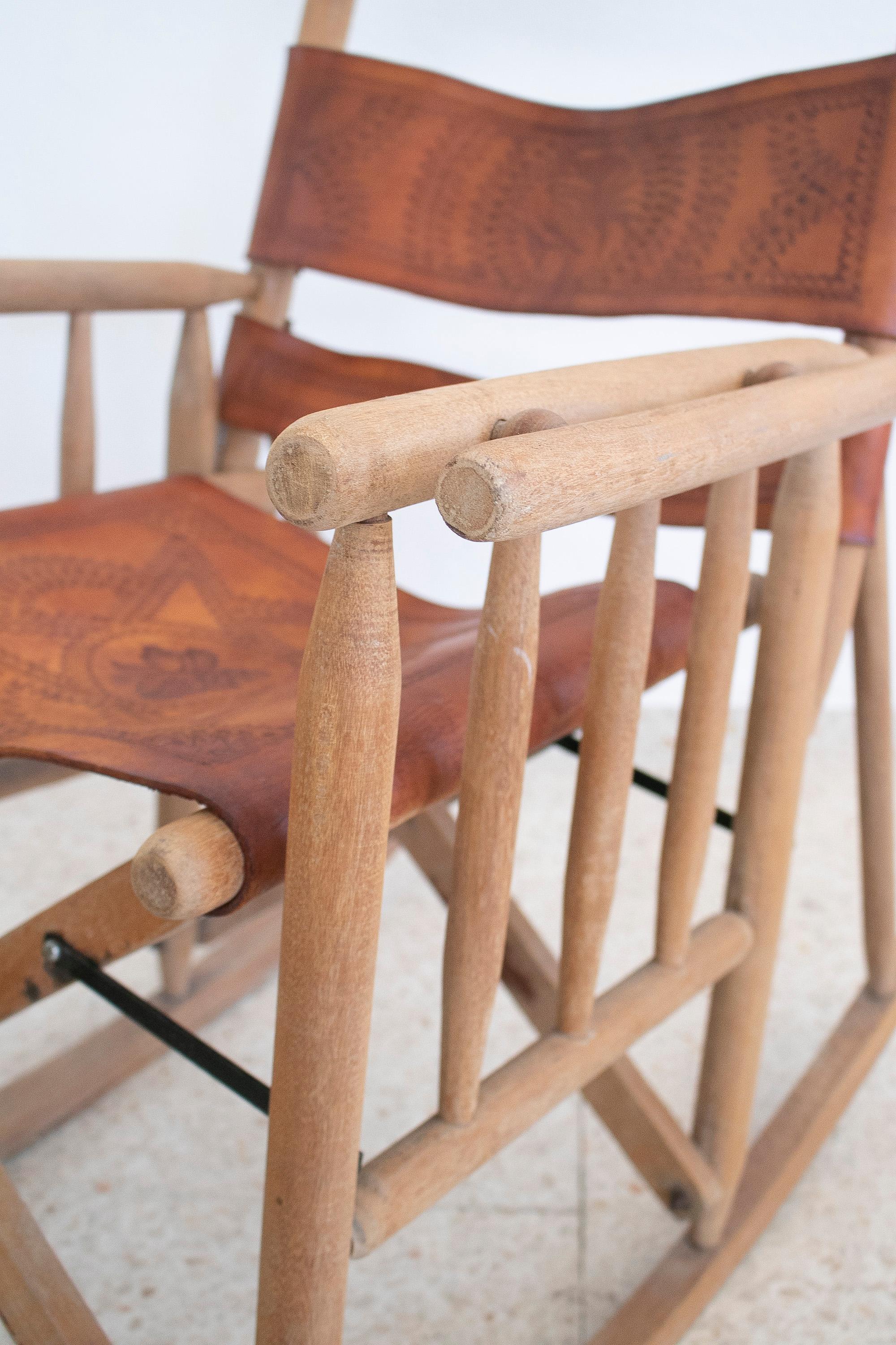 Pair of 1970s Spanish Leather Wooden Rocking Chairs 13