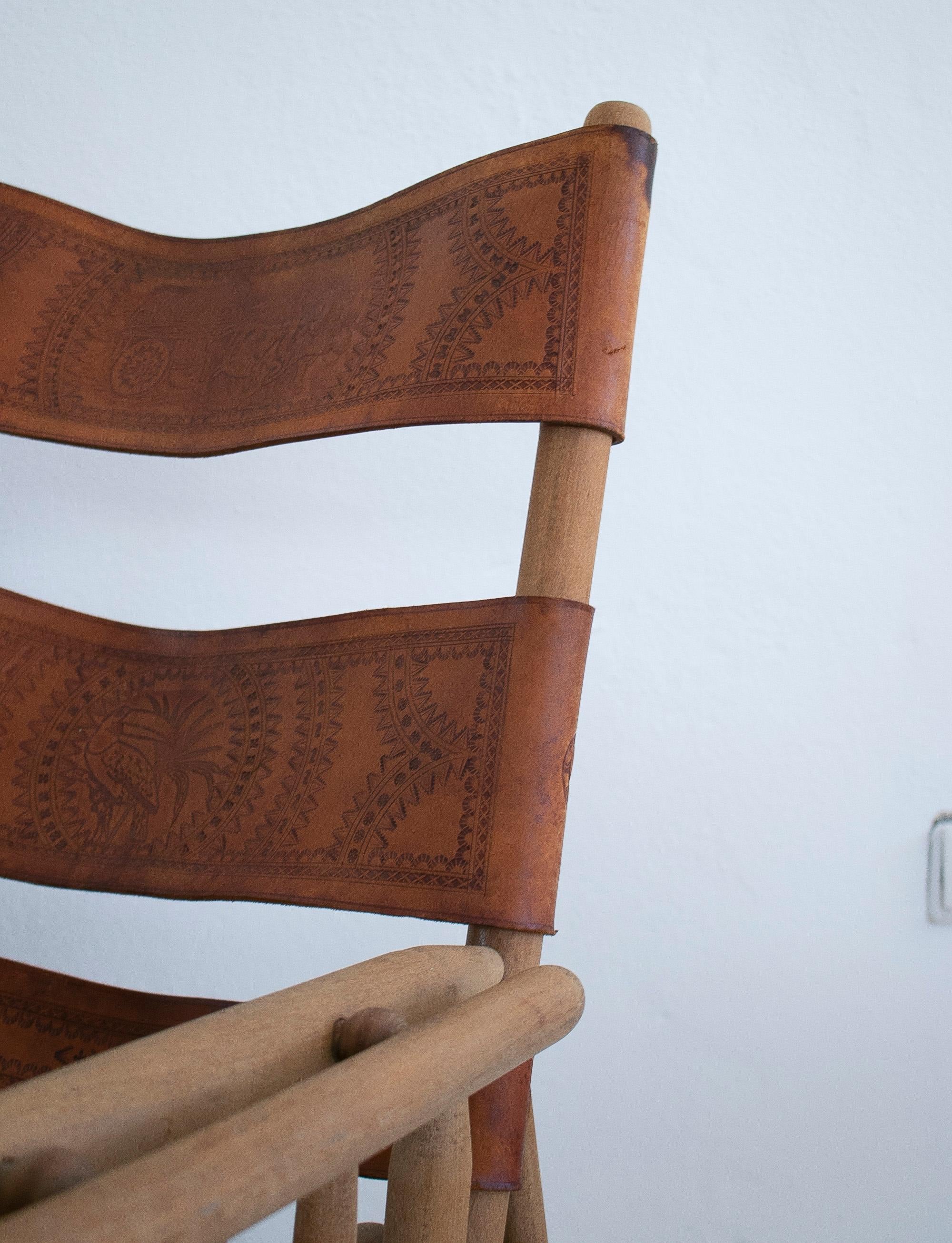 Pair of 1970s Spanish Leather Wooden Rocking Chairs 14