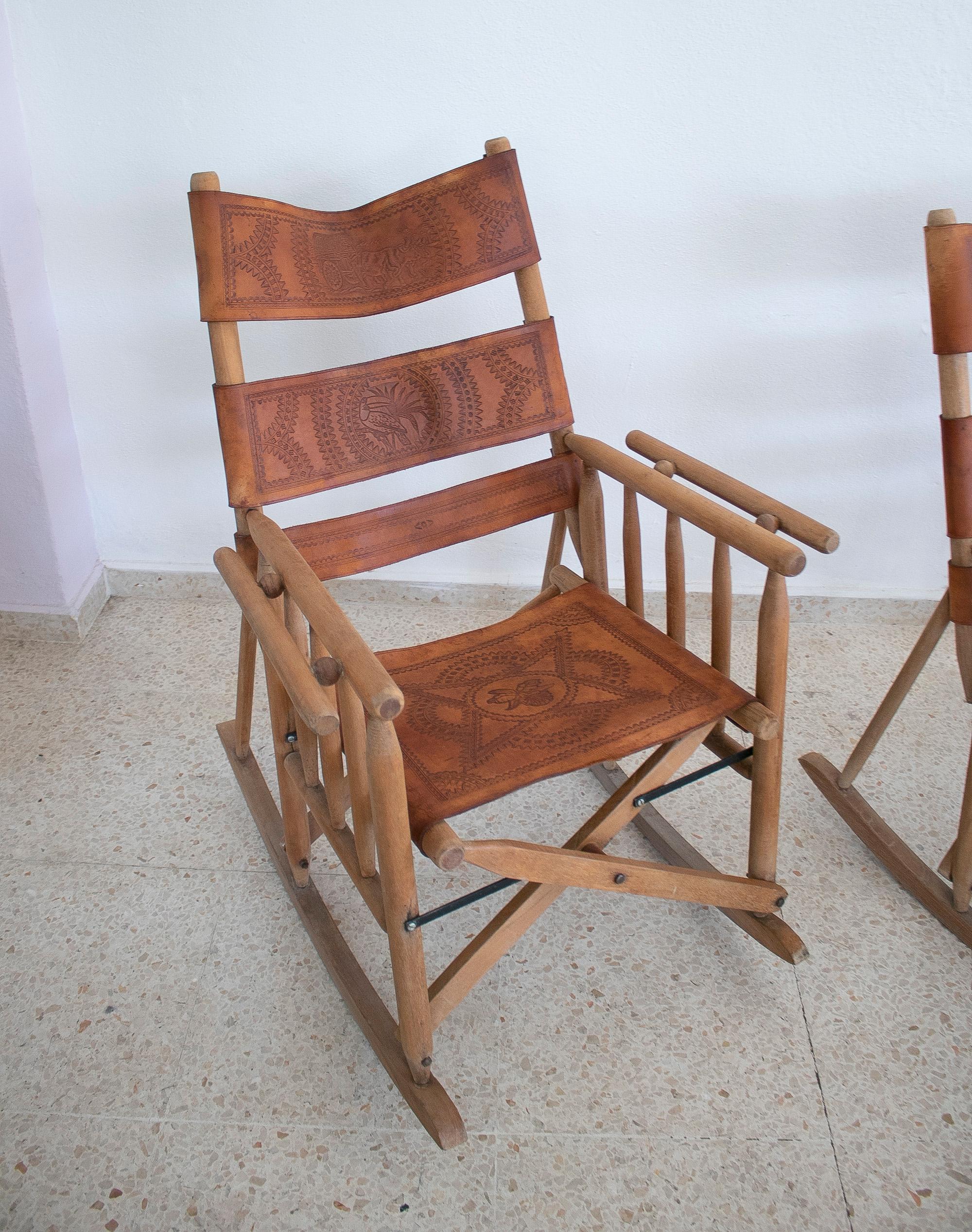 Pair of 1970s Spanish Leather Wooden Rocking Chairs In Good Condition In Marbella, ES