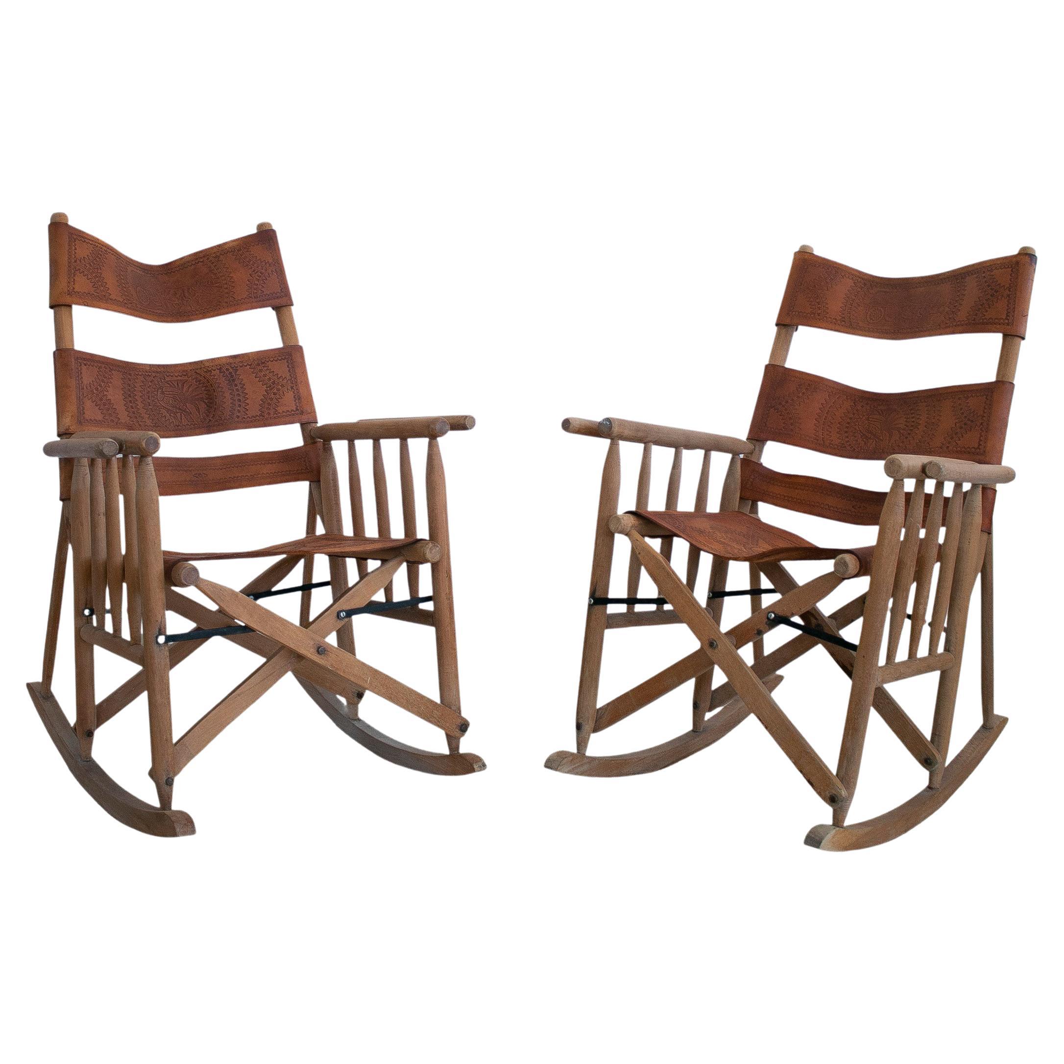 Pair of 1970s Spanish Leather Wooden Rocking Chairs