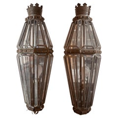 Pair of 1970s Spanish Metal, Glass 
Mirrors Wall Lamps