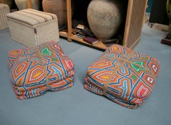 Pair of 1970s Spanish Puff Seats w/ Wooden Base & Patterned Fabric Upholstery