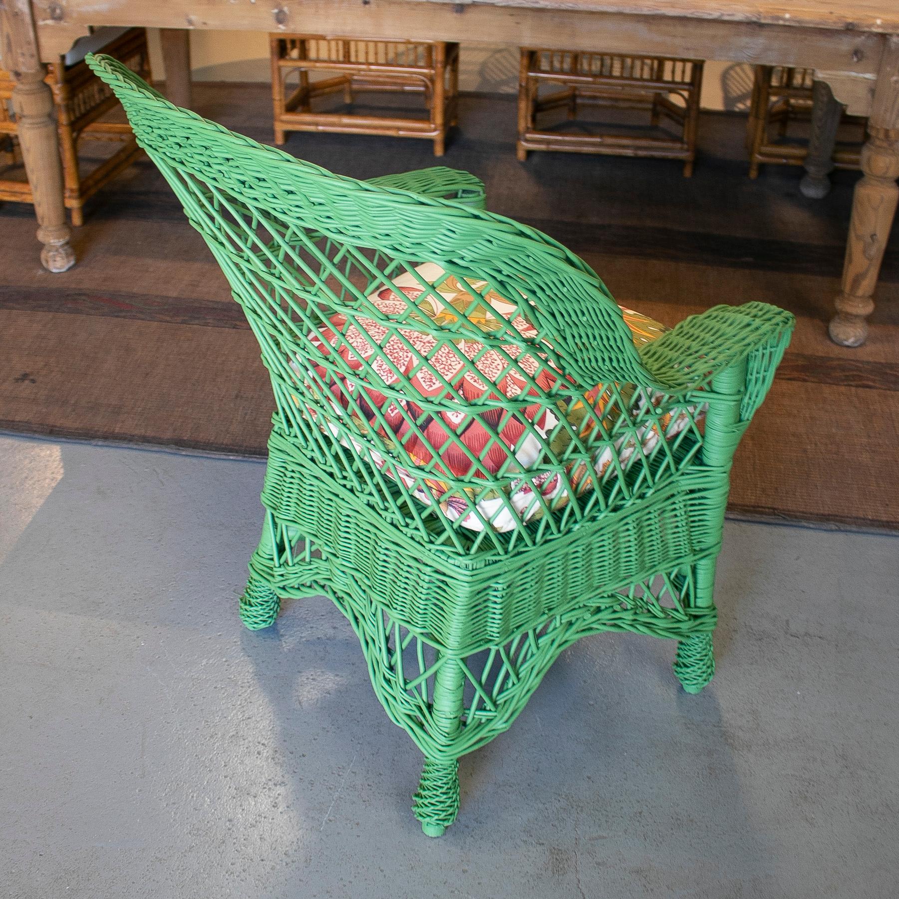 Pair of 1970s Spanish Reupholstered Hand Woven Wicker Green Sofa Chairs 2