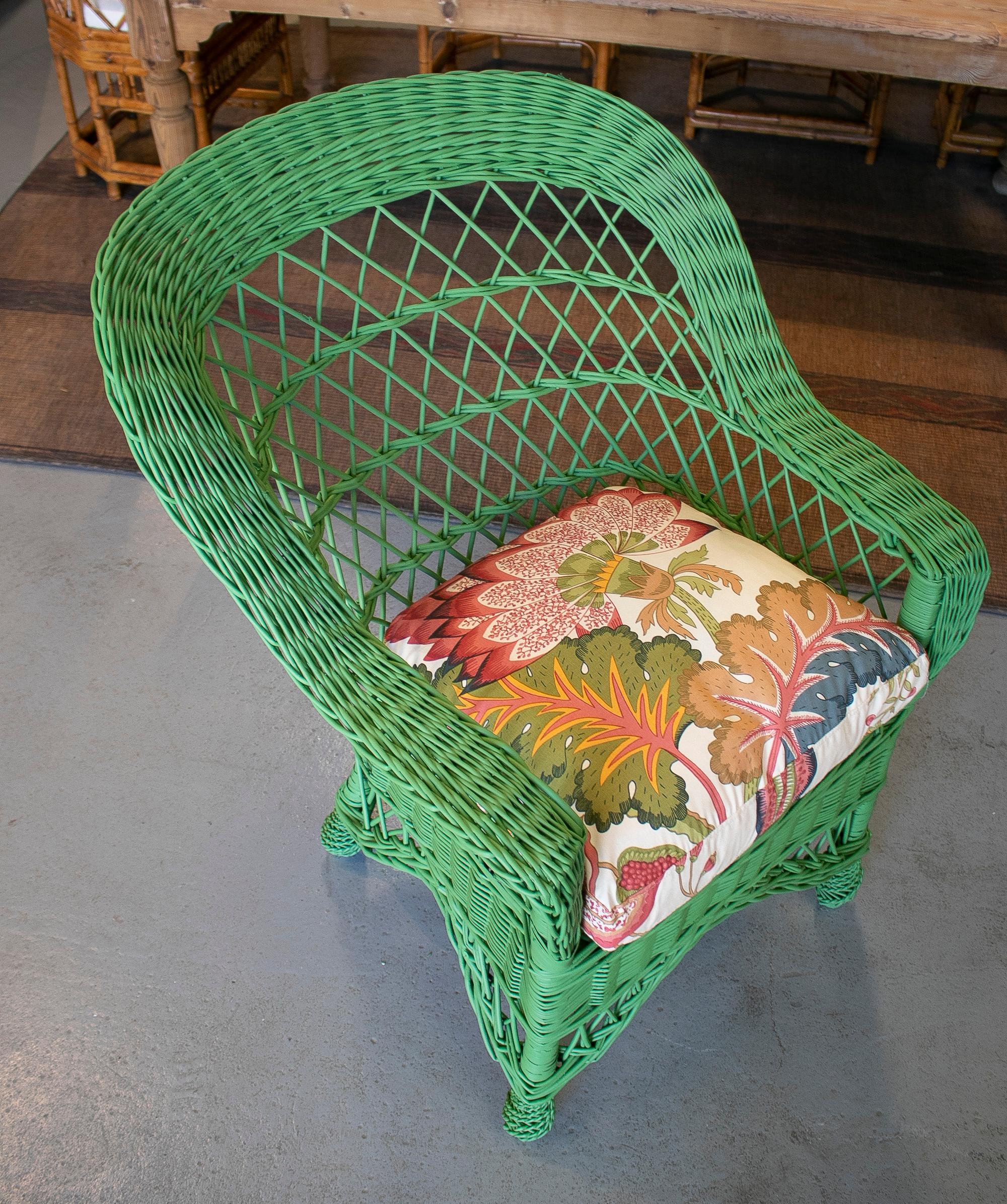 Pair of 1970s Spanish Reupholstered Hand Woven Wicker Green Sofa Chairs 3