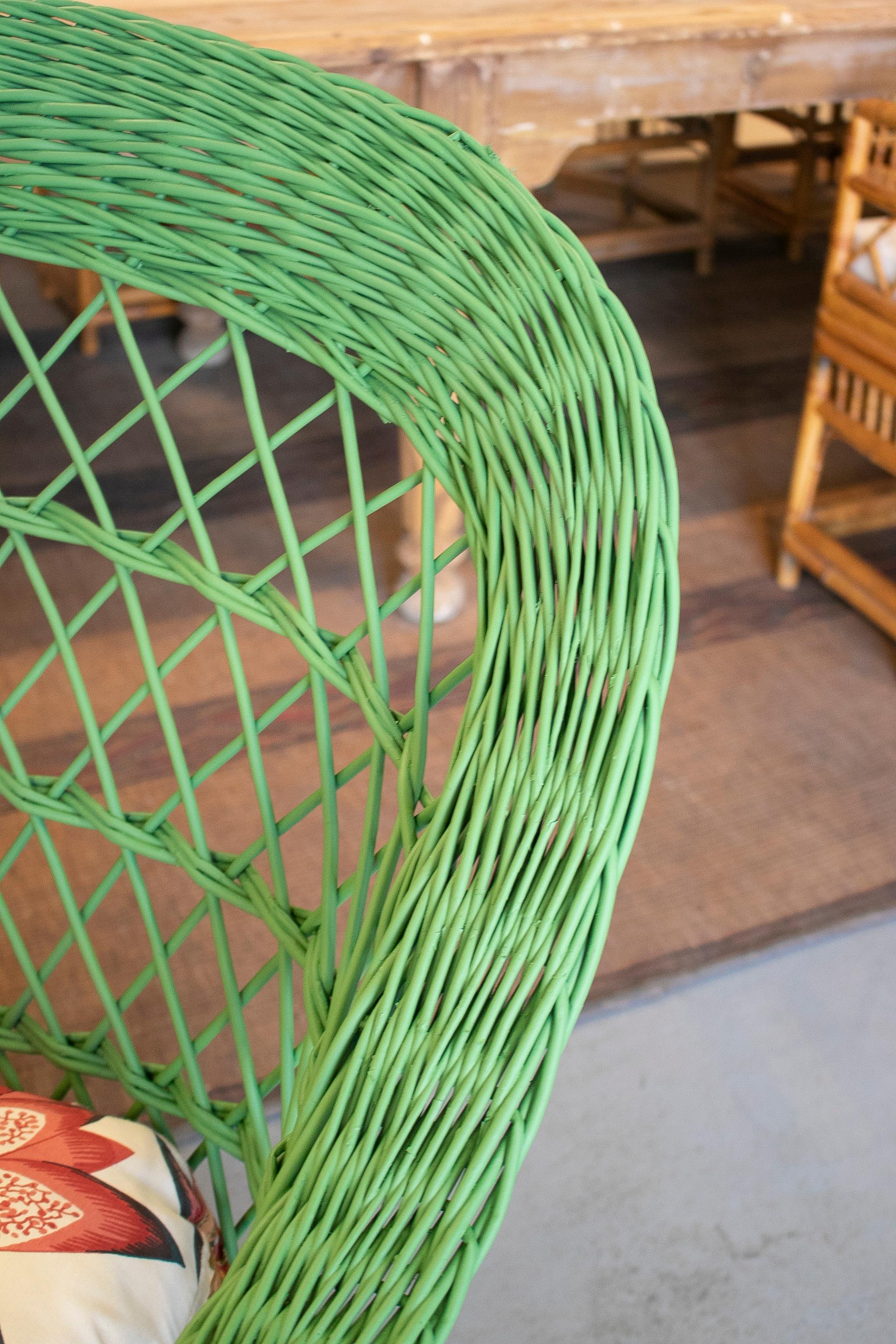 Pair of 1970s Spanish Reupholstered Hand Woven Wicker Green Sofa Chairs 6