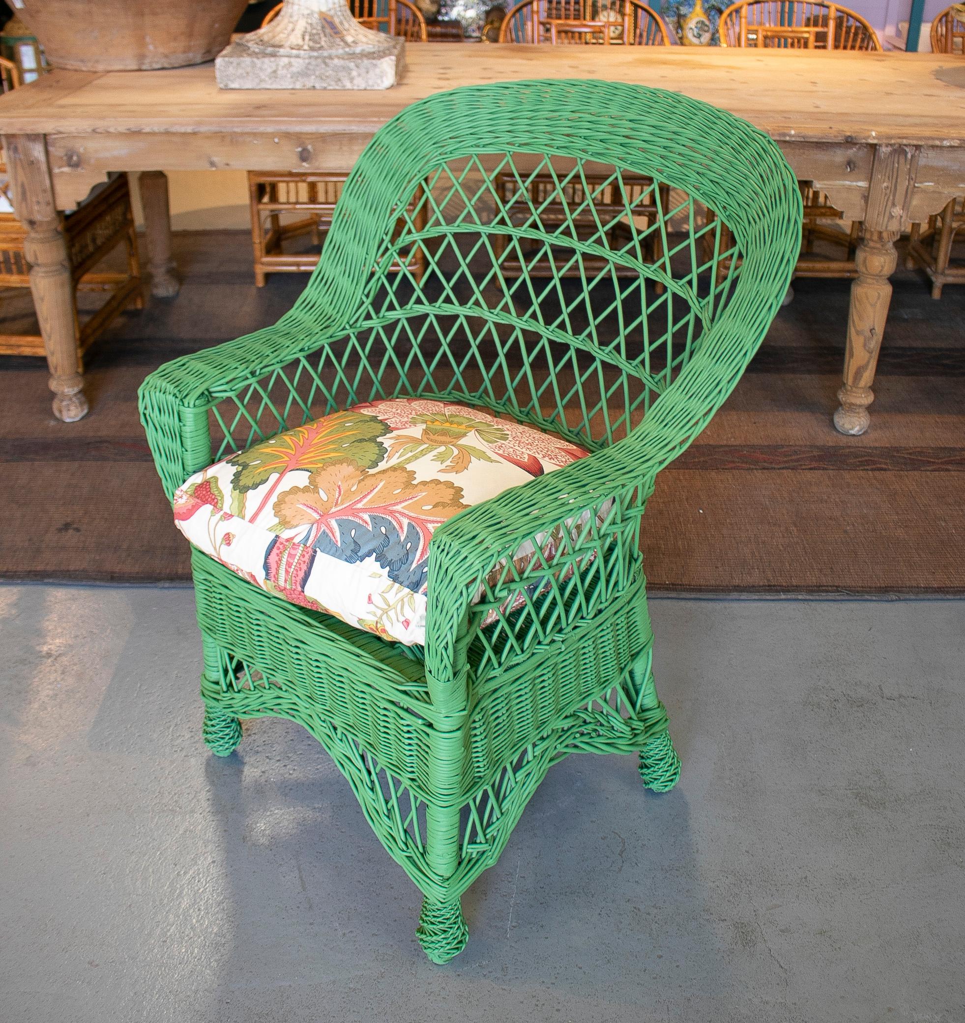 Pair of 1970s Spanish Reupholstered Hand Woven Wicker Green Sofa Chairs In Good Condition In Marbella, ES