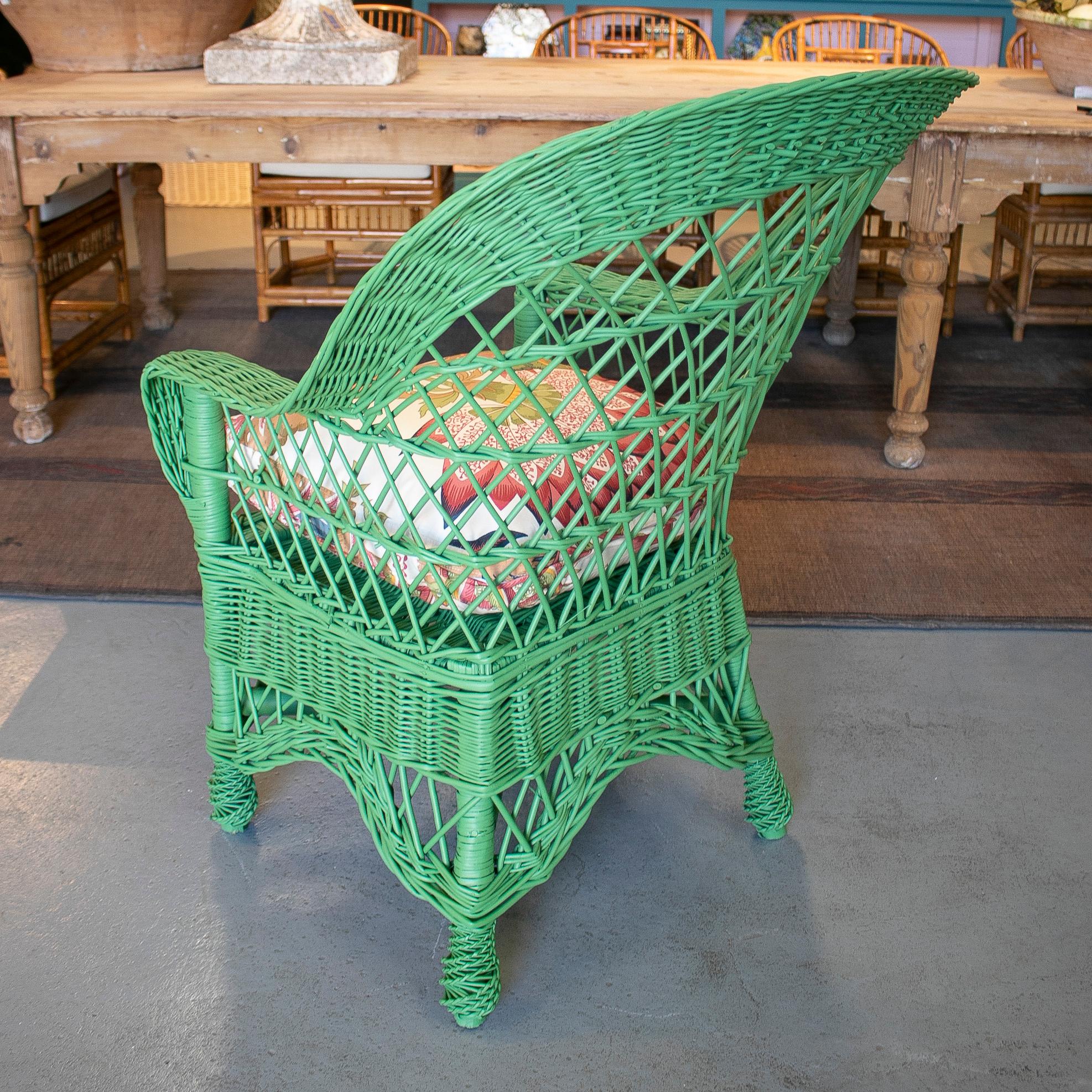 Late 20th Century Pair of 1970s Spanish Reupholstered Hand Woven Wicker Green Sofa Chairs