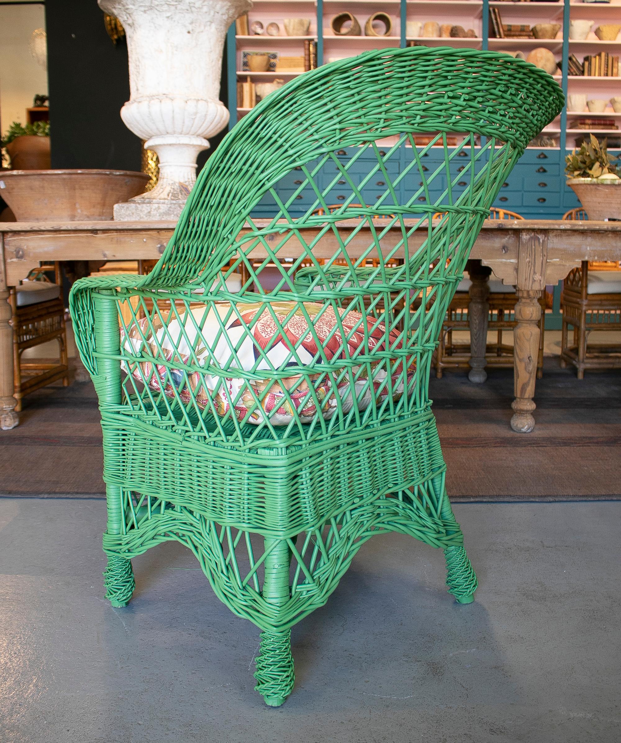 Upholstery Pair of 1970s Spanish Reupholstered Hand Woven Wicker Green Sofa Chairs