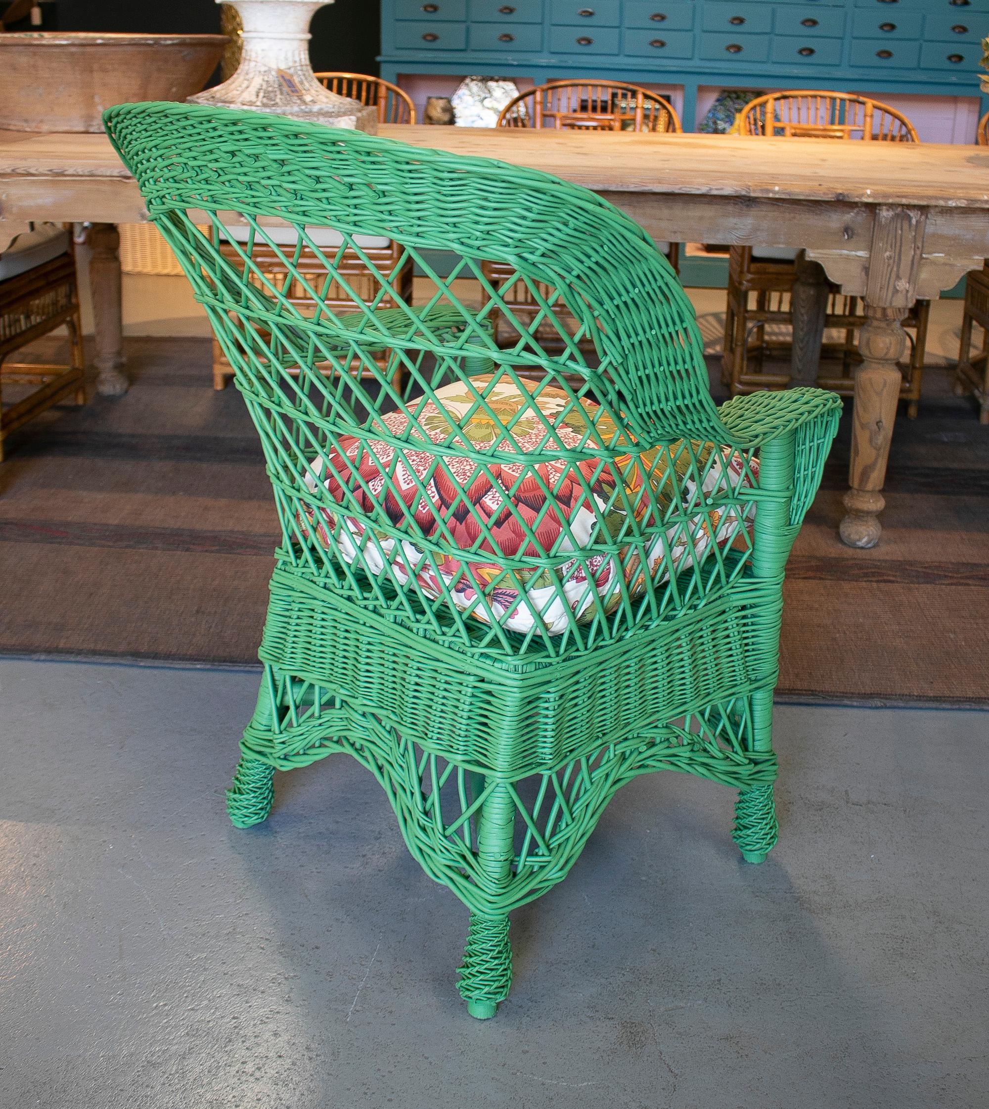 Pair of 1970s Spanish Reupholstered Hand Woven Wicker Green Sofa Chairs 1