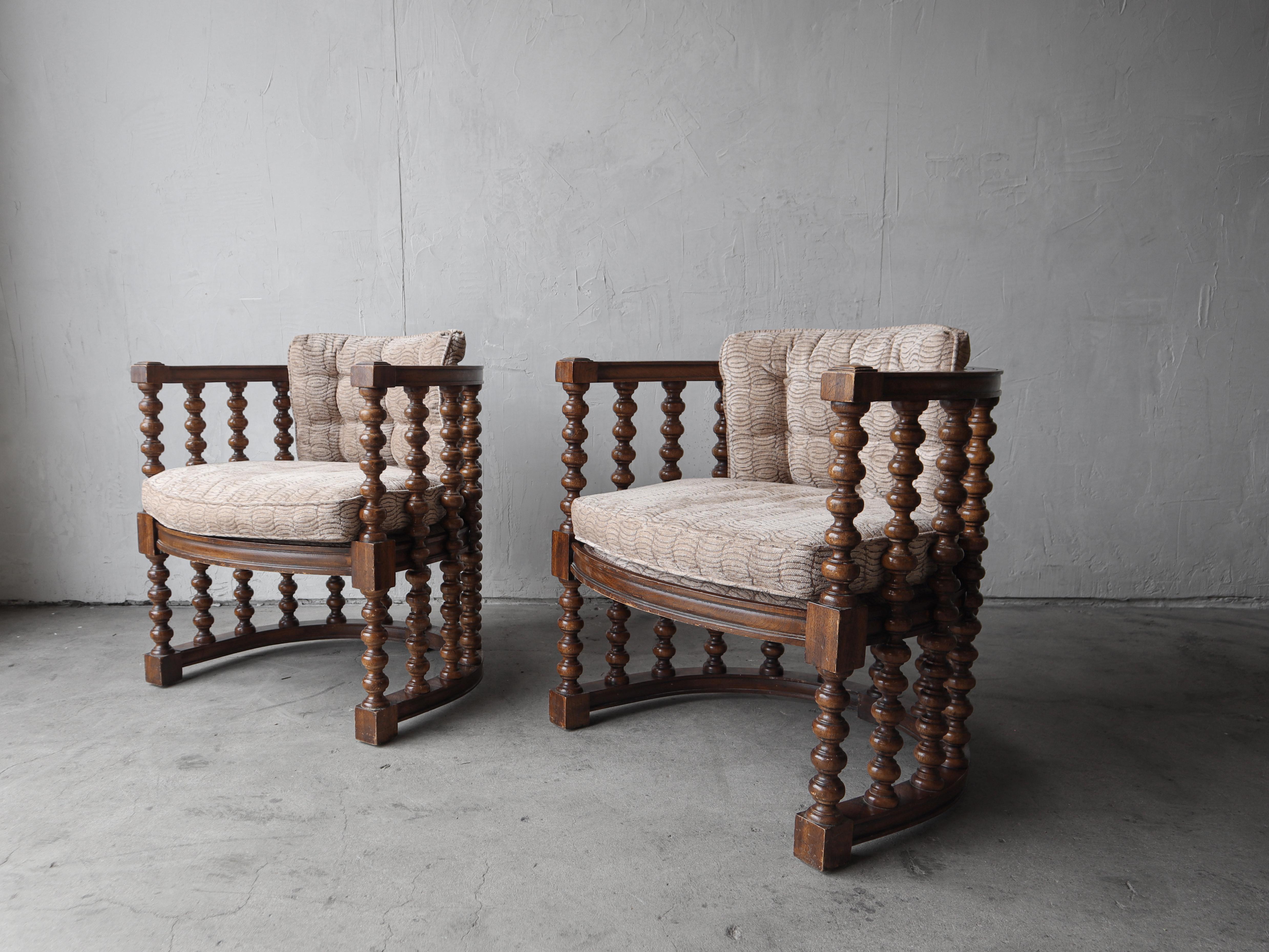 Spanish Colonial Pair of 1970's Spanish Revival Bobbin Barrel Chairs For Sale