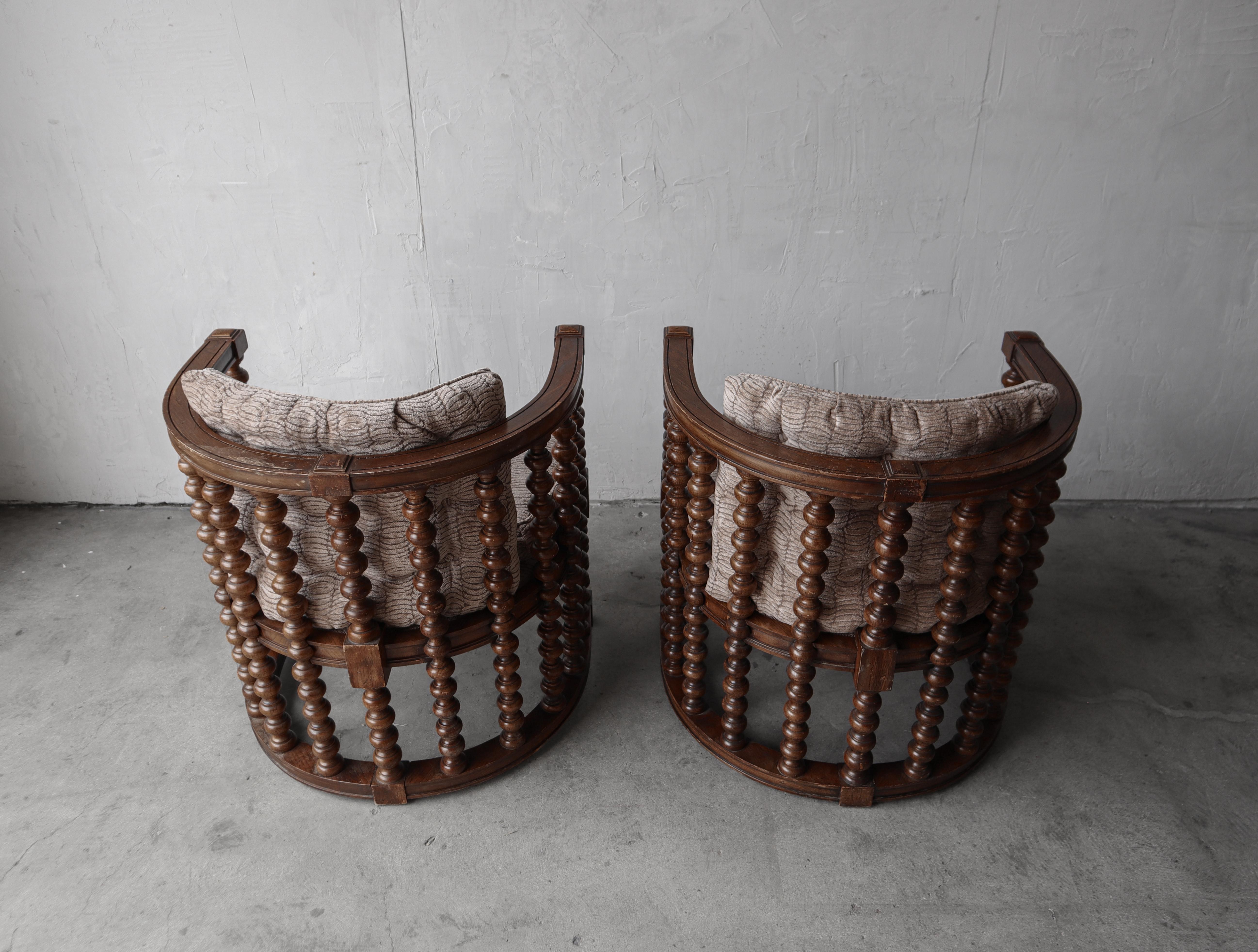 Wood Pair of 1970's Spanish Revival Bobbin Barrel Chairs For Sale