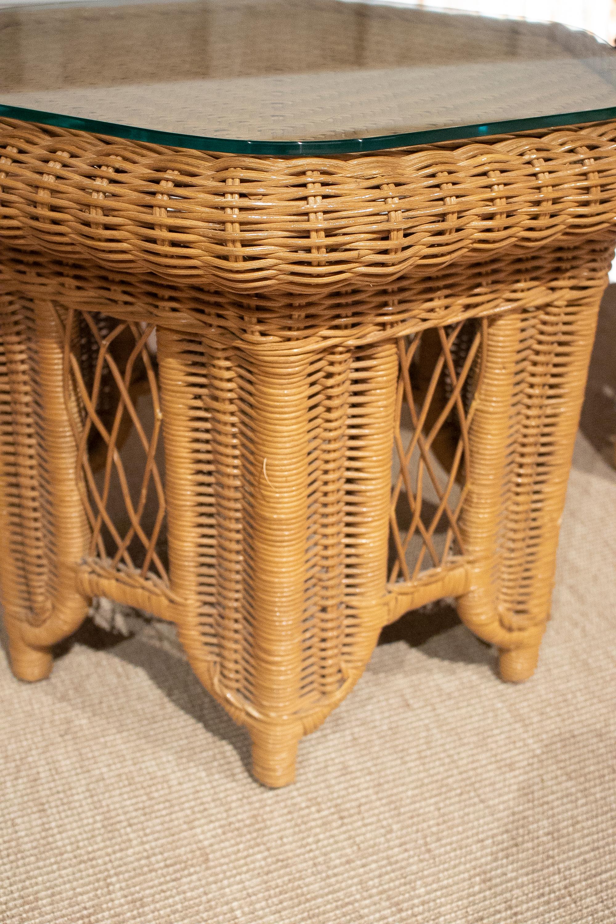 Pair of 1970s Spanish Round Hand Woven Wicker Side Tables w/ Glass Top 3