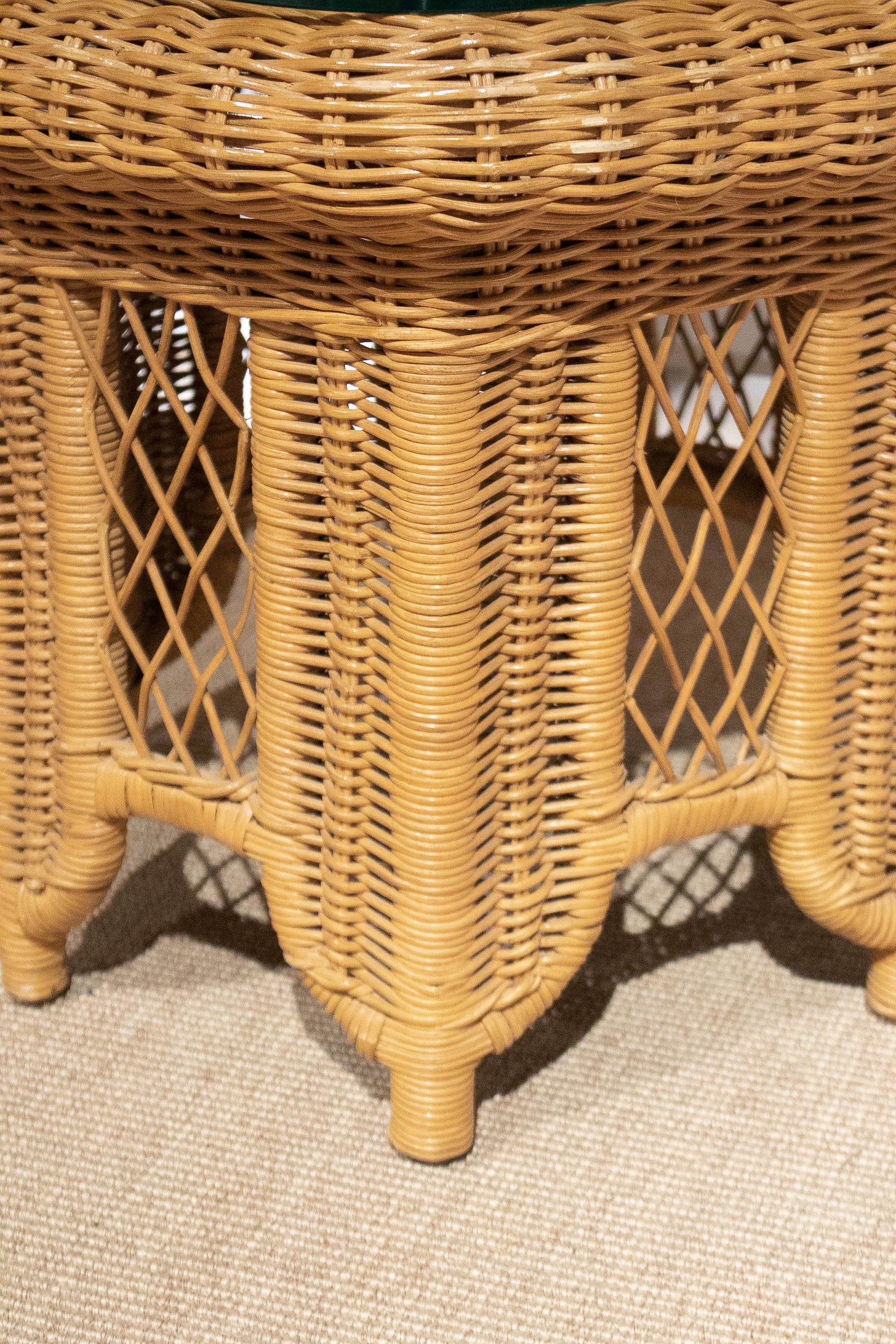 Pair of 1970s Spanish Round Hand Woven Wicker Side Tables w/ Glass Top 5