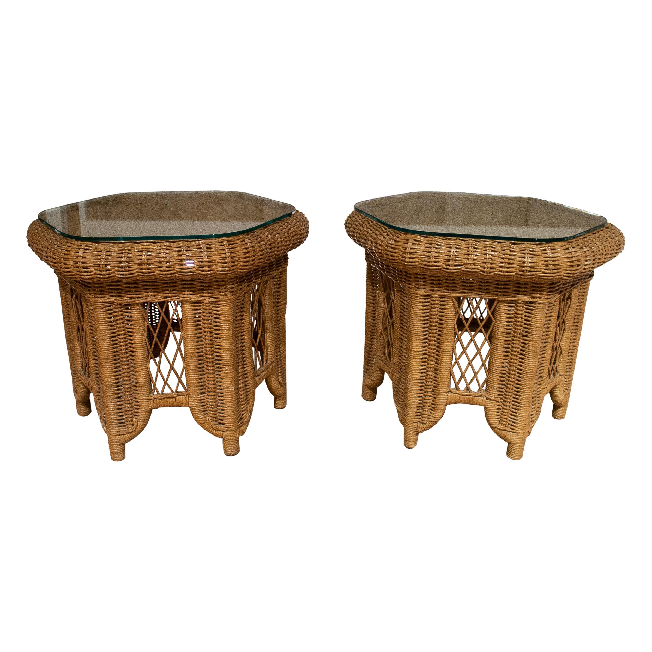 Pair of 1970s Spanish Round Hand Woven Wicker Side Tables w/ Glass Top