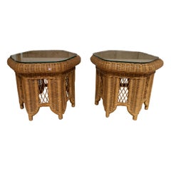 Pair of 1970s Spanish Round Hand Woven Wicker Side Tables w/ Glass Top