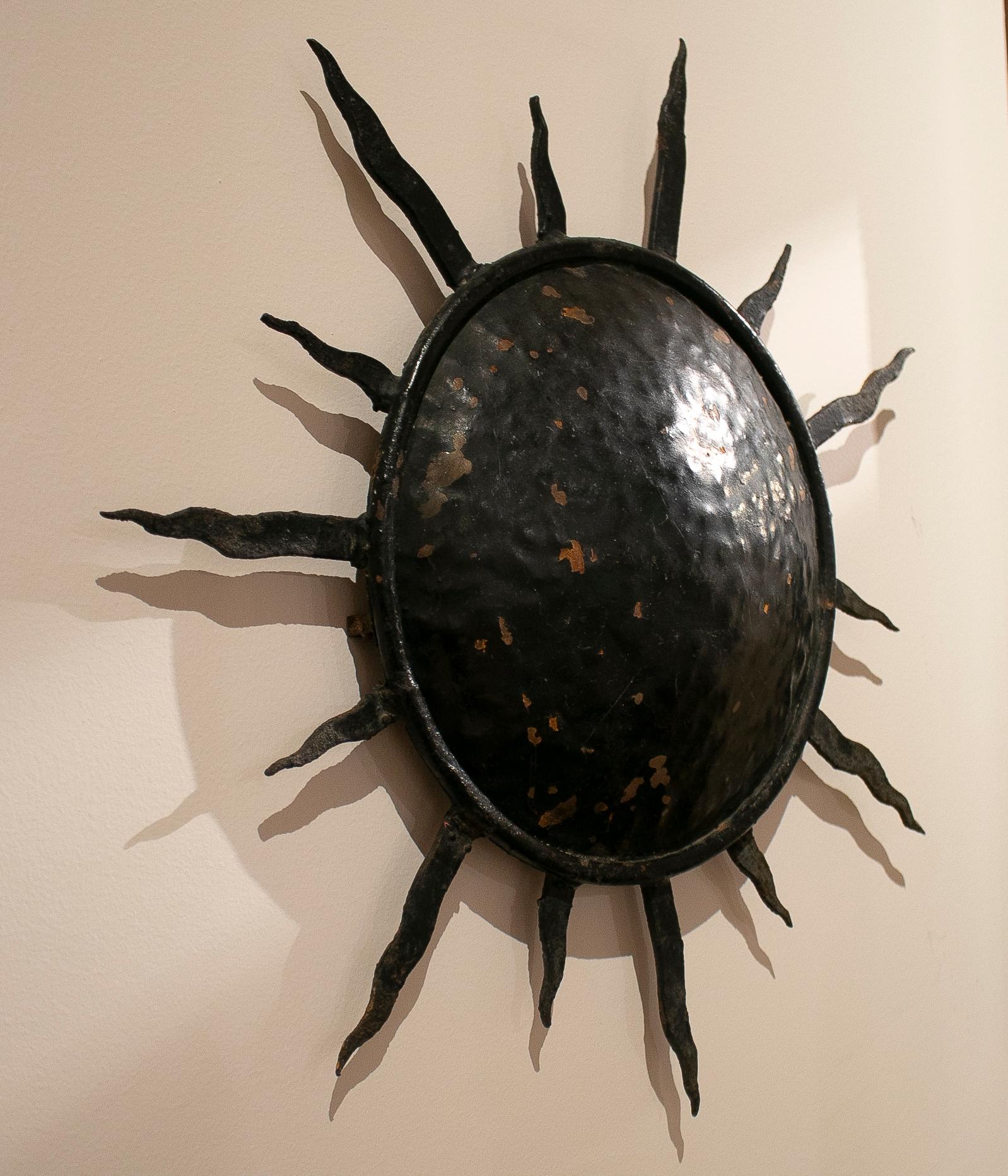 Pair of 1970s Spanish Sun Shaped Wrought Iron Wall Lamps For Sale 1