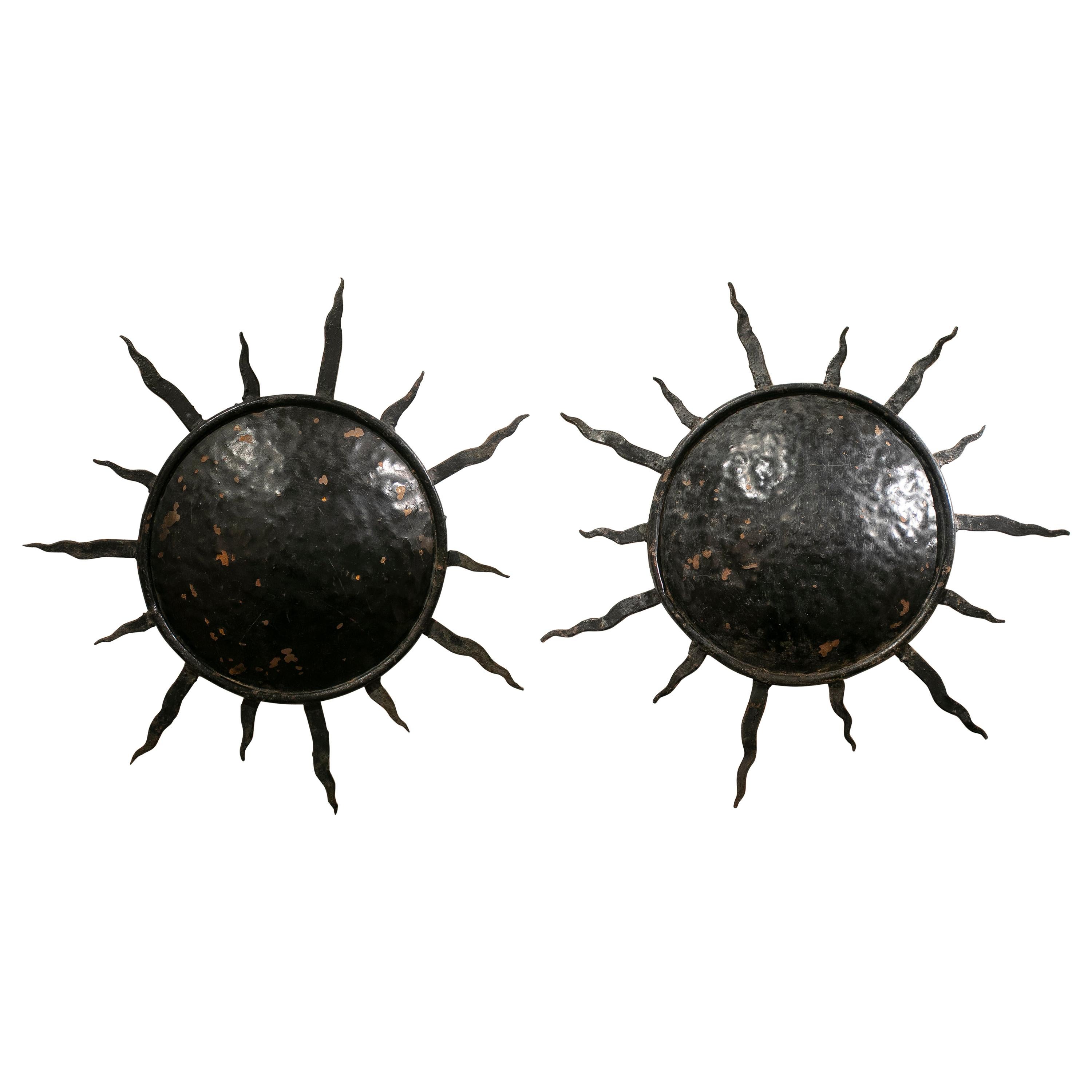 Pair of 1970s Spanish Sun Shaped Wrought Iron Wall Lamps For Sale