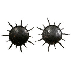 Pair of 1970s Spanish Sun Shaped Wrought Iron Wall Lamps