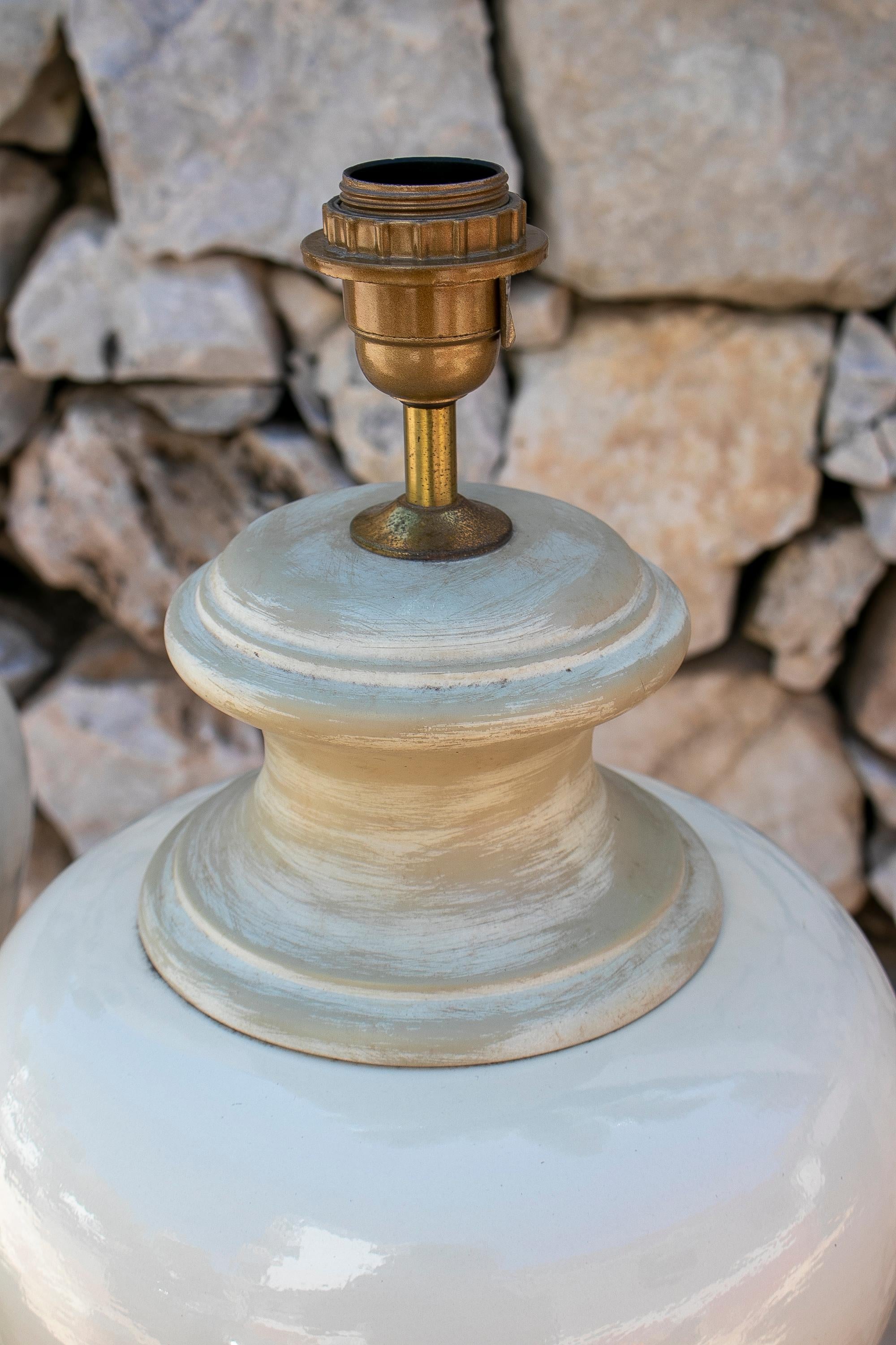 Ceramic Pair of 1970s Spanish White and Grey Terracotta Table Lamps