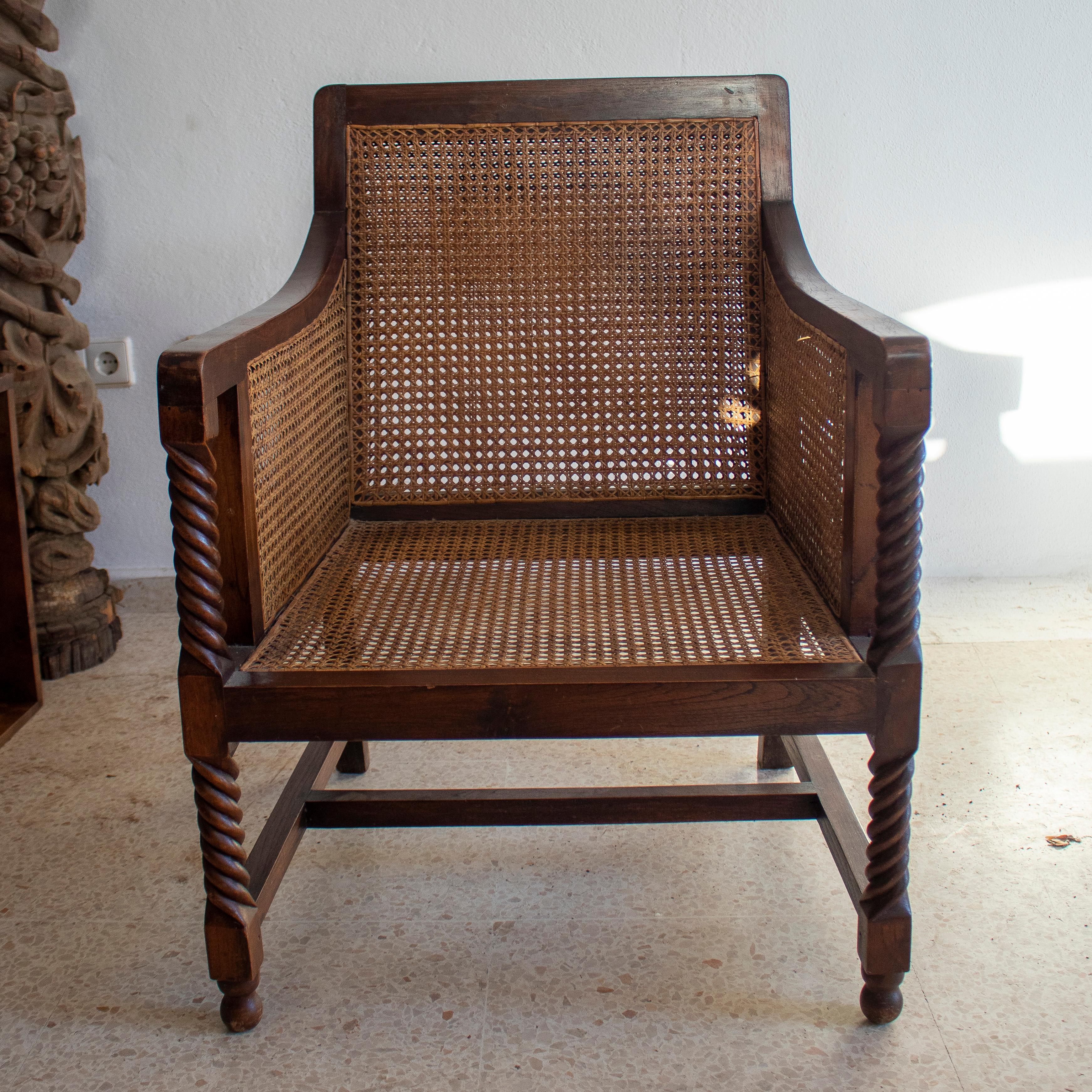 Pair of 1970s Spanish Wood & Woven Cane Sofa Chairs w/ Spindle Armrest Support In Good Condition In Marbella, ES
