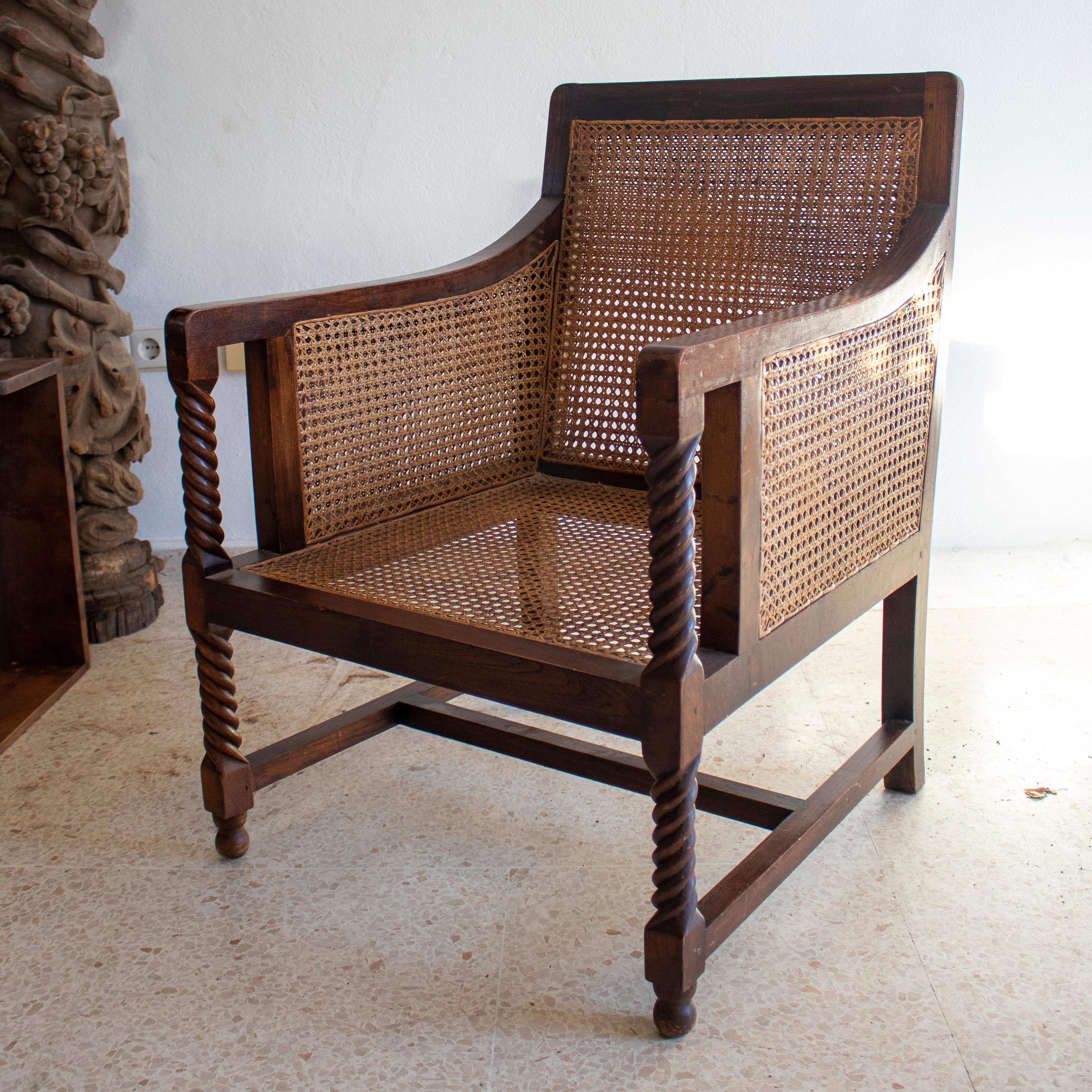 20th Century Pair of 1970s Spanish Wood & Woven Cane Sofa Chairs w/ Spindle Armrest Support