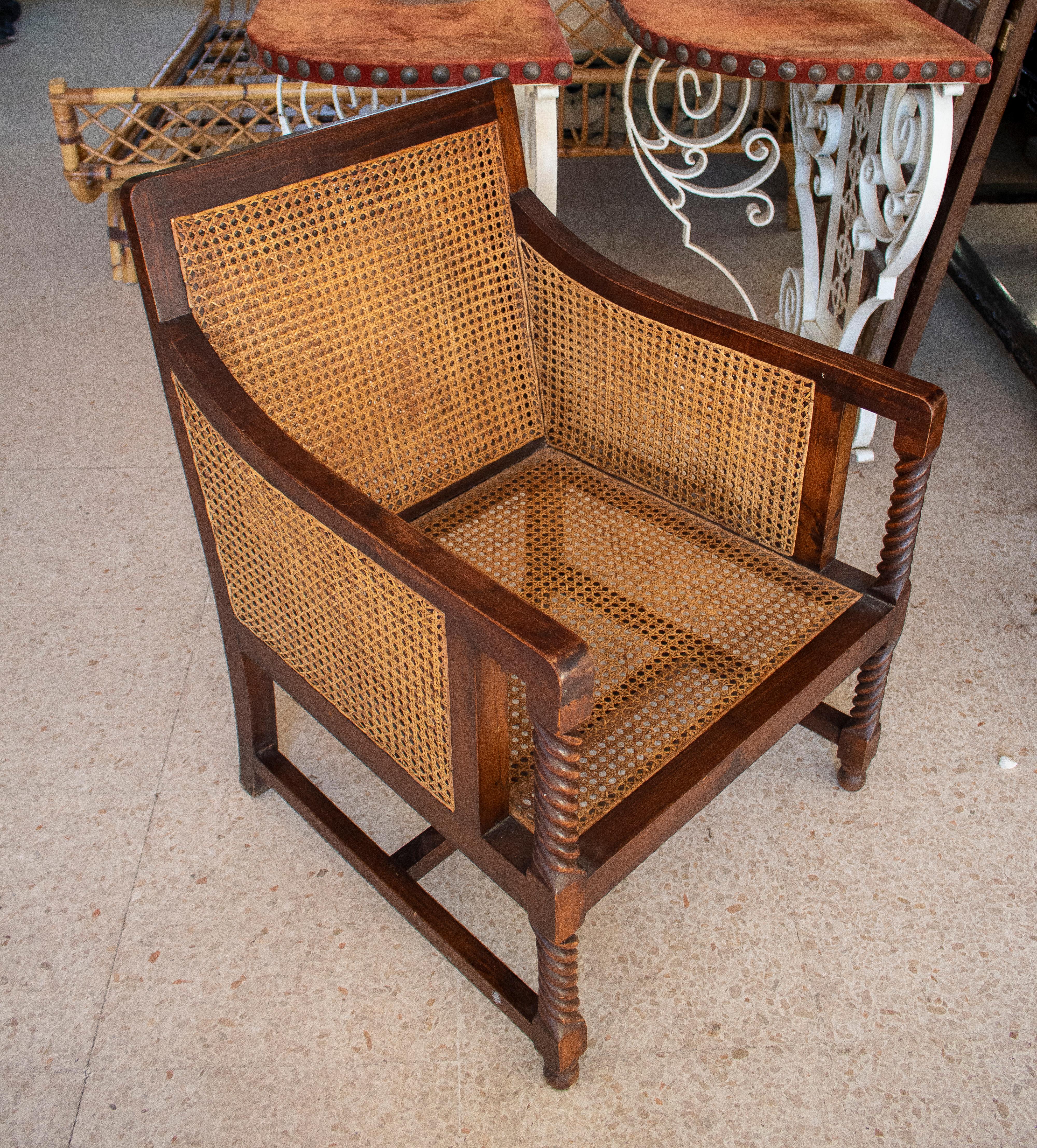 Pair of 1970s Spanish Wood & Woven Cane Sofa Chairs w/ Spindle Armrest Support 2